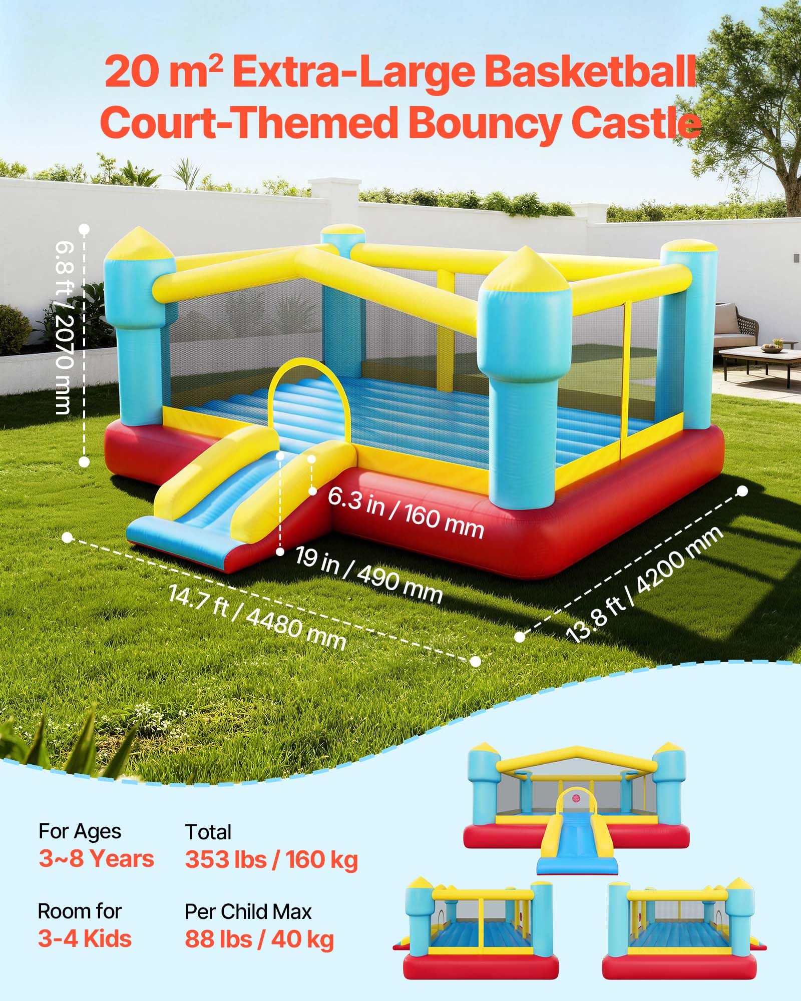 VEVOR Inflatable Bounce House, 14.7 x 13.8 x 6.8 ft Jumping Bouncy Castle, Inflatable Jumper for Kids with Slide, Basketball Hoop, Target Game