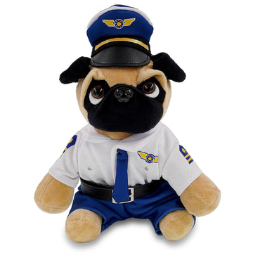 DolliBu Pug Dog Stuffed Animal with Pilot Costume and Name Personalization - Cute Pet Plush Toy with Airplane Aviation Uniform Dress Up - 8 Inches
