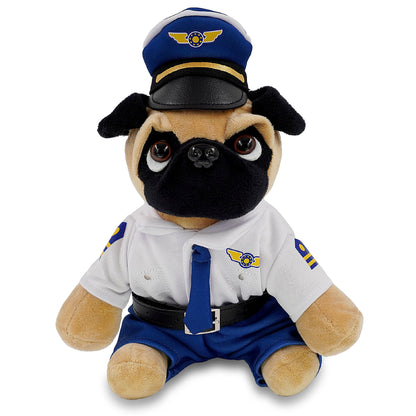 DolliBu Pug Dog Stuffed Animal with Pilot Costume and Name Personalization - Cute Pet Plush Toy with Airplane Aviation Uniform Dress Up - 8 Inches