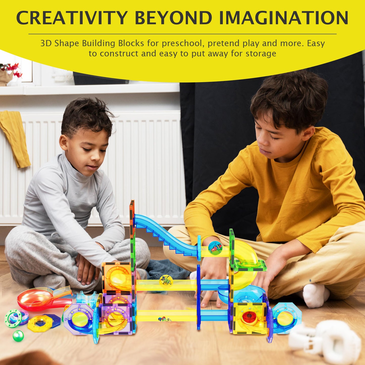 PicassoTiles 62pcs Magnetic Tile Pete the Cat Magnetic Marble Run Toy Set with Race Track Tubes Marbles and Stickers STEM Educational Construction