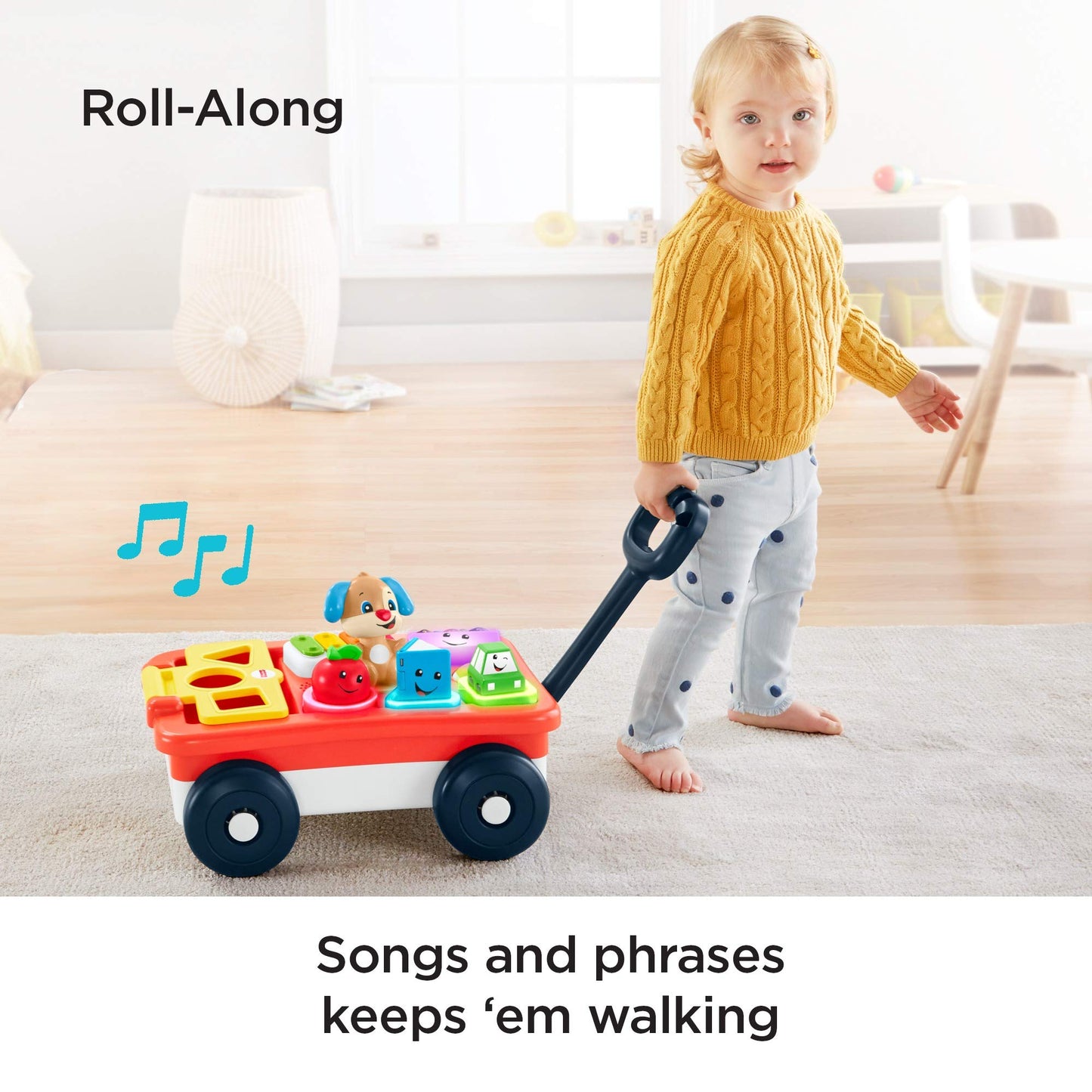 Fisher-Price Laugh & Learn Pull & Play Learning Wagon - German Edition, interactive toy wagon with shape blocks and learning content for baby