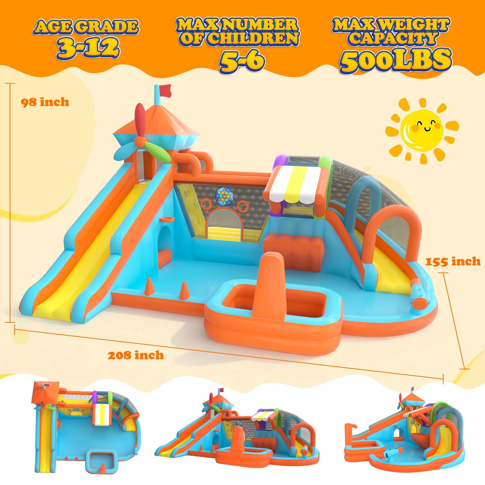 Inflatable Bounce House with Double Slide, 10 in 1 Large Bounce Castle with 750W Blower, Water Slide, Jumping, Splash Pool, Climbing Wall, Toy Stand