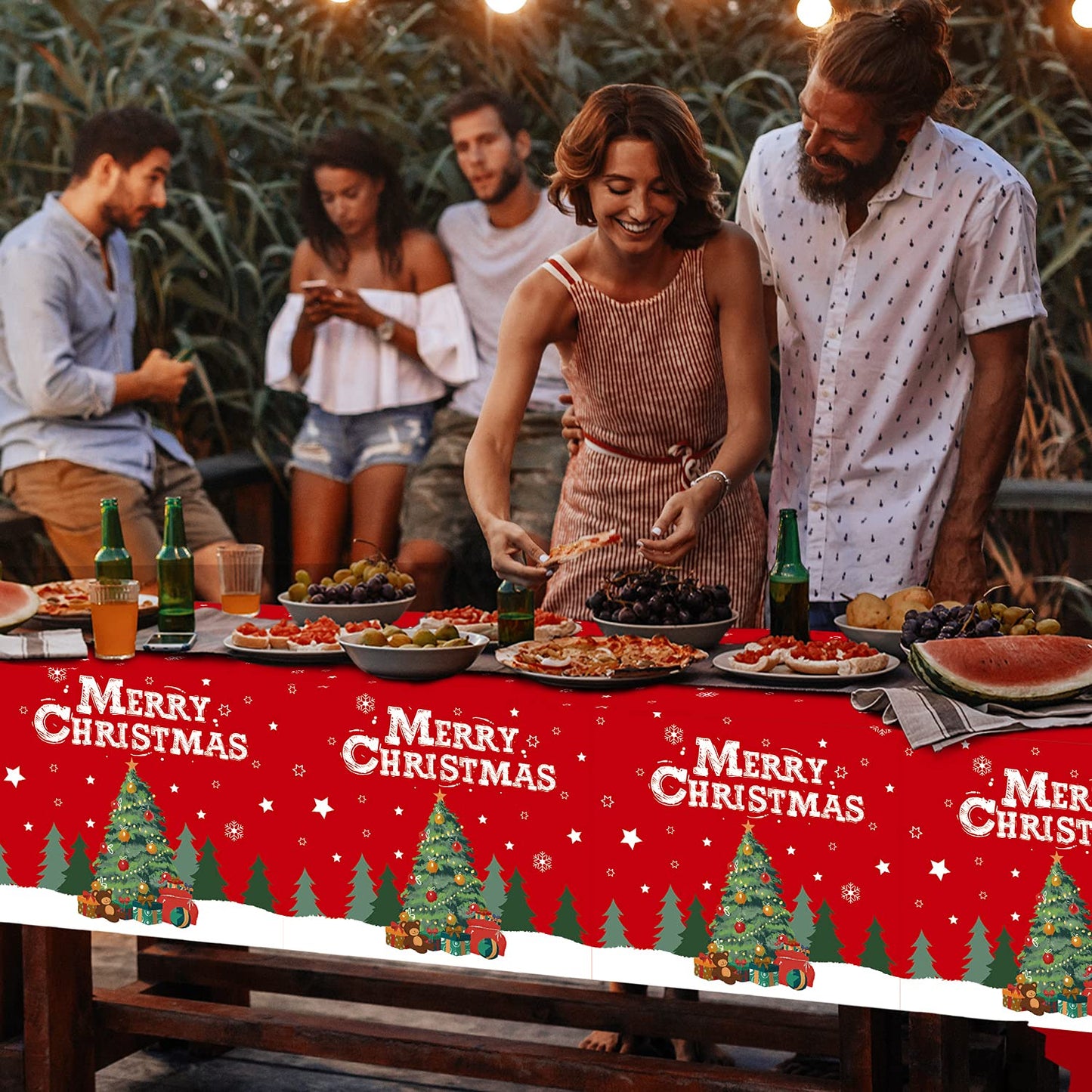 Gatherfun Christmas Table Decorations Christmas Tree Disposable Tablecloth Waterproof Plastic Rectangular Table Cover for Merry Christmas Party