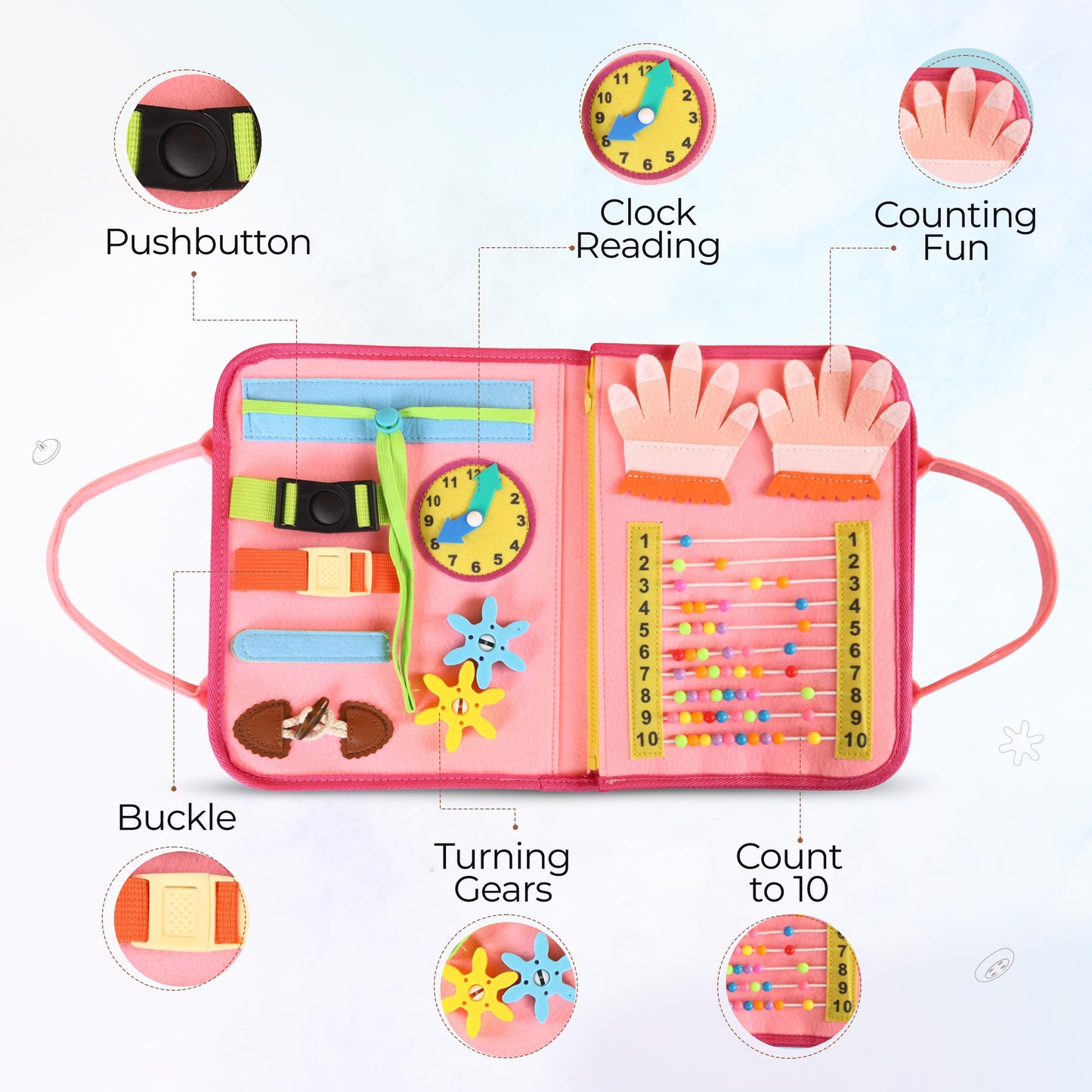 JAGSYJOY Montessori Busy Book for Toddlers, Pink Busy Board Book Quiet Play