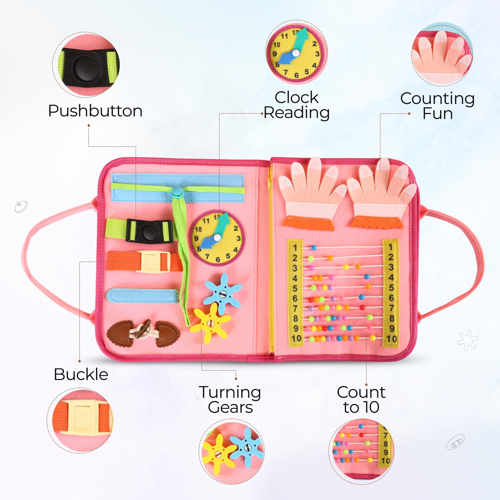 JAGSYJOY Montessori Busy Book for Toddlers, Pink Busy Board Book Quiet Play