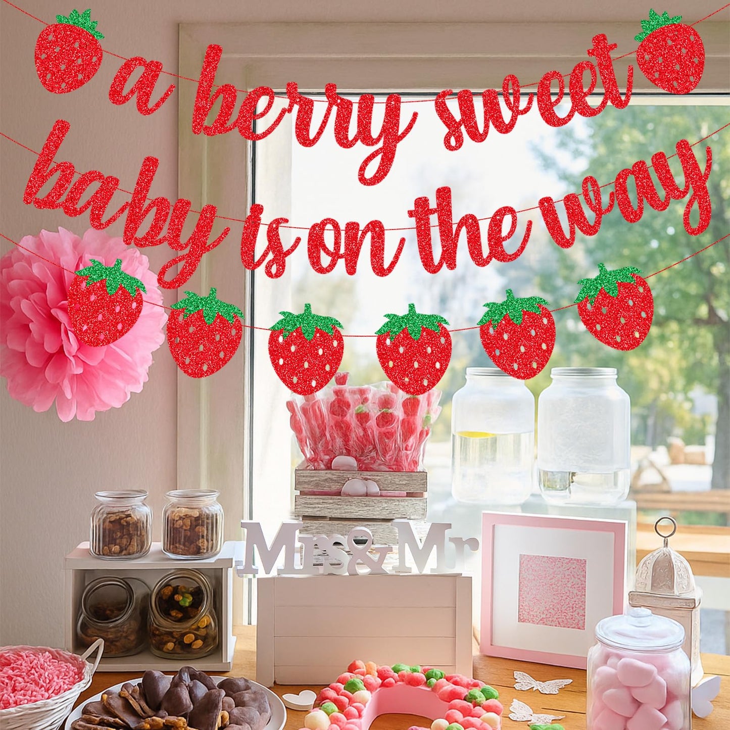 A Berry Sweet Baby Is On The Way Banner with Strawberry Garland, Berry Fruit Themed Baby Shower Gender Reveal Decorations, Summer Garland Photo Prop