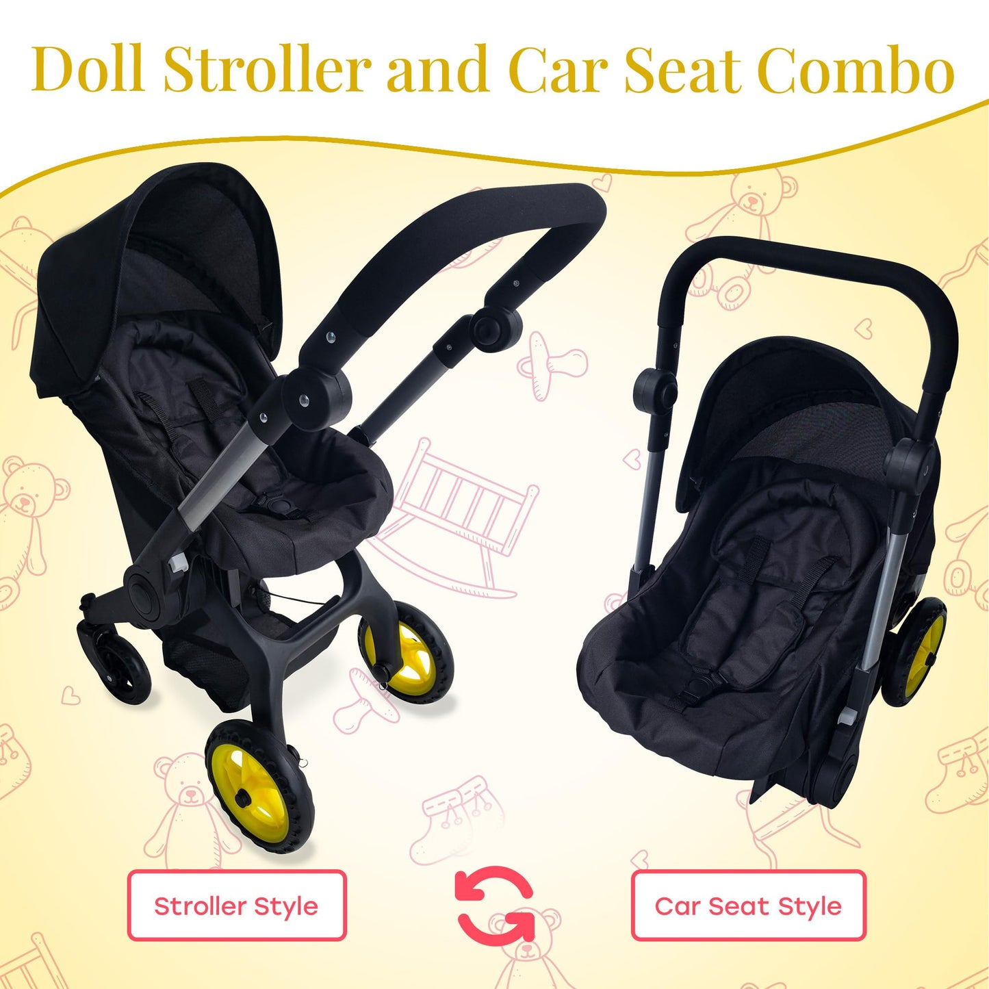 Baby Doll Car Seat Stroller Combo - Convertible 2 in 1 Doll Stroller and Car Seat for Kids - Fits Up to 20” Dolls - Play Toy Baby Stroller