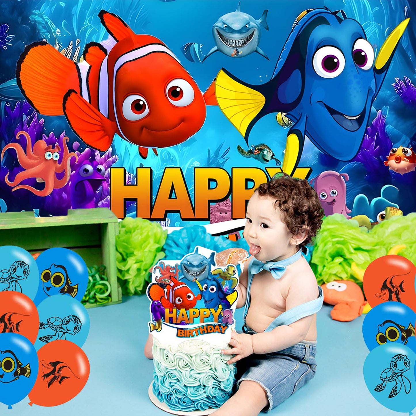 Finding Nemo Birthday Party Backdrop and Decoration Cartoon Ocean Cake Topper Banner Shoot Photo Background Props for Boy Band Boys and Girls - 5x3ft