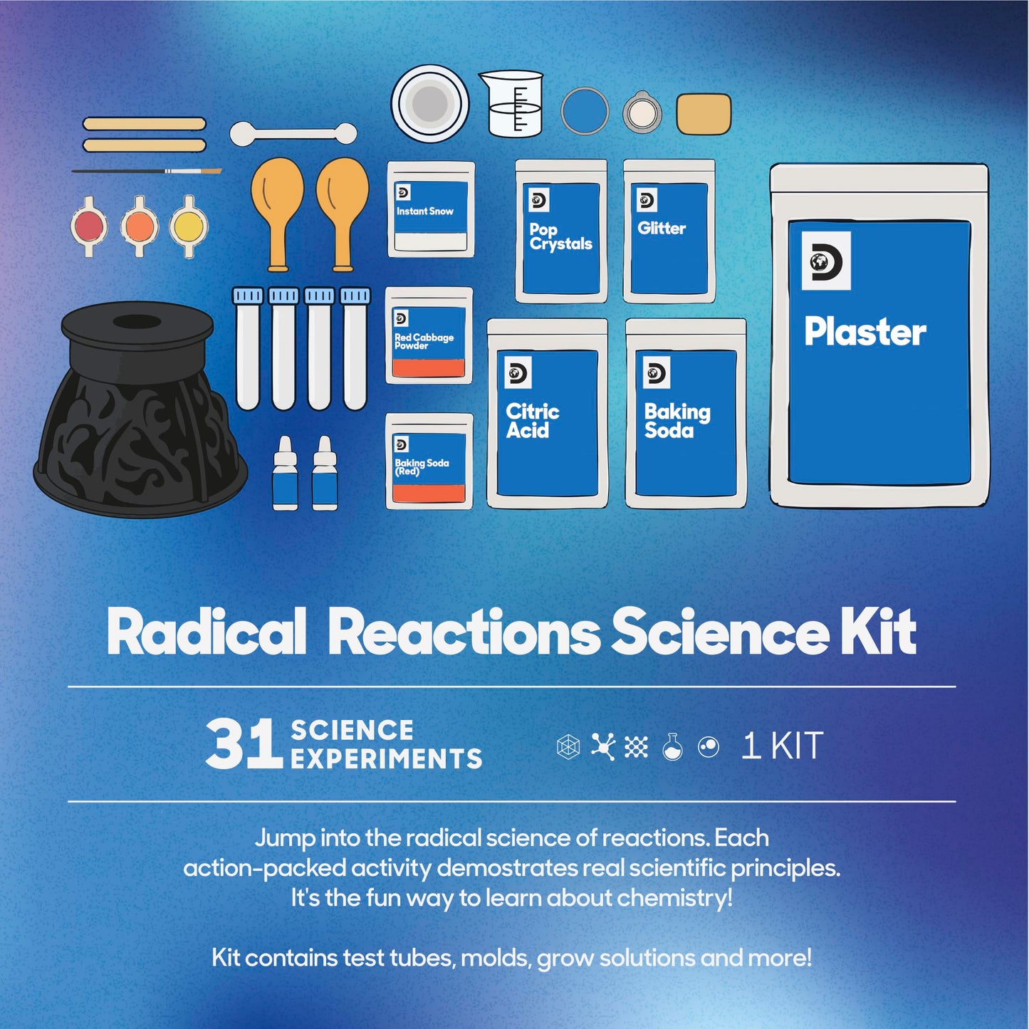 Discovery Radical Reactions Science Kit - 31 Experiments STEM Lab for Kids| DIY Activity Set with Chemistry Tools, Volcano Mold, Instant Snow|