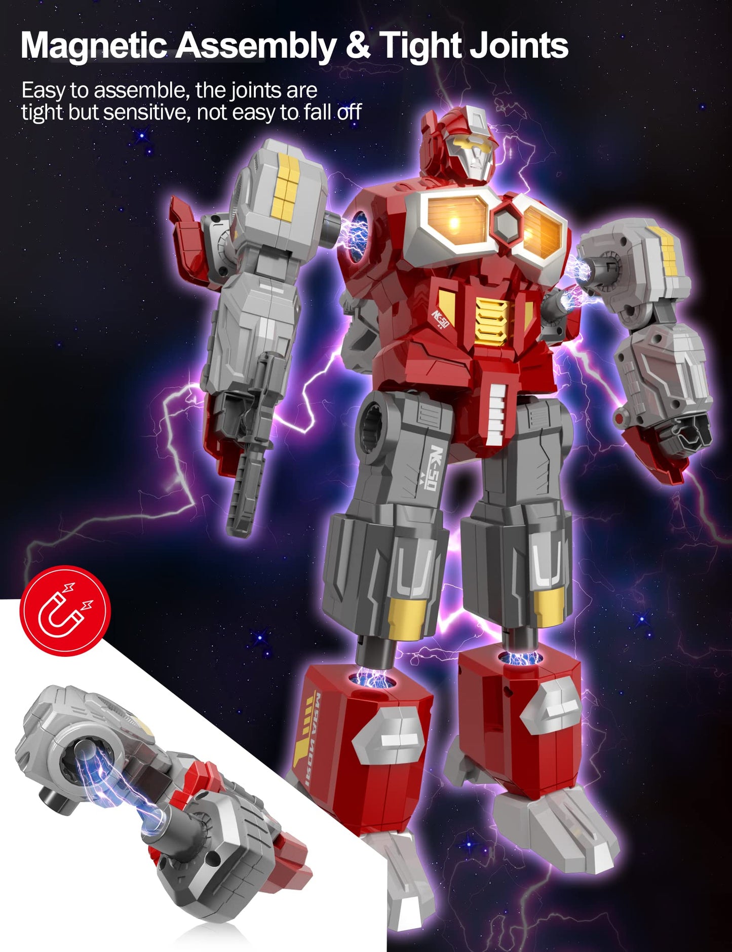 MIEBELY Magnetic Dinosaur Robot Transforming Toys, 3-in-1 Magnet-Assembling Action Figure with Lights & Sounds, Military Base Playset with Cars