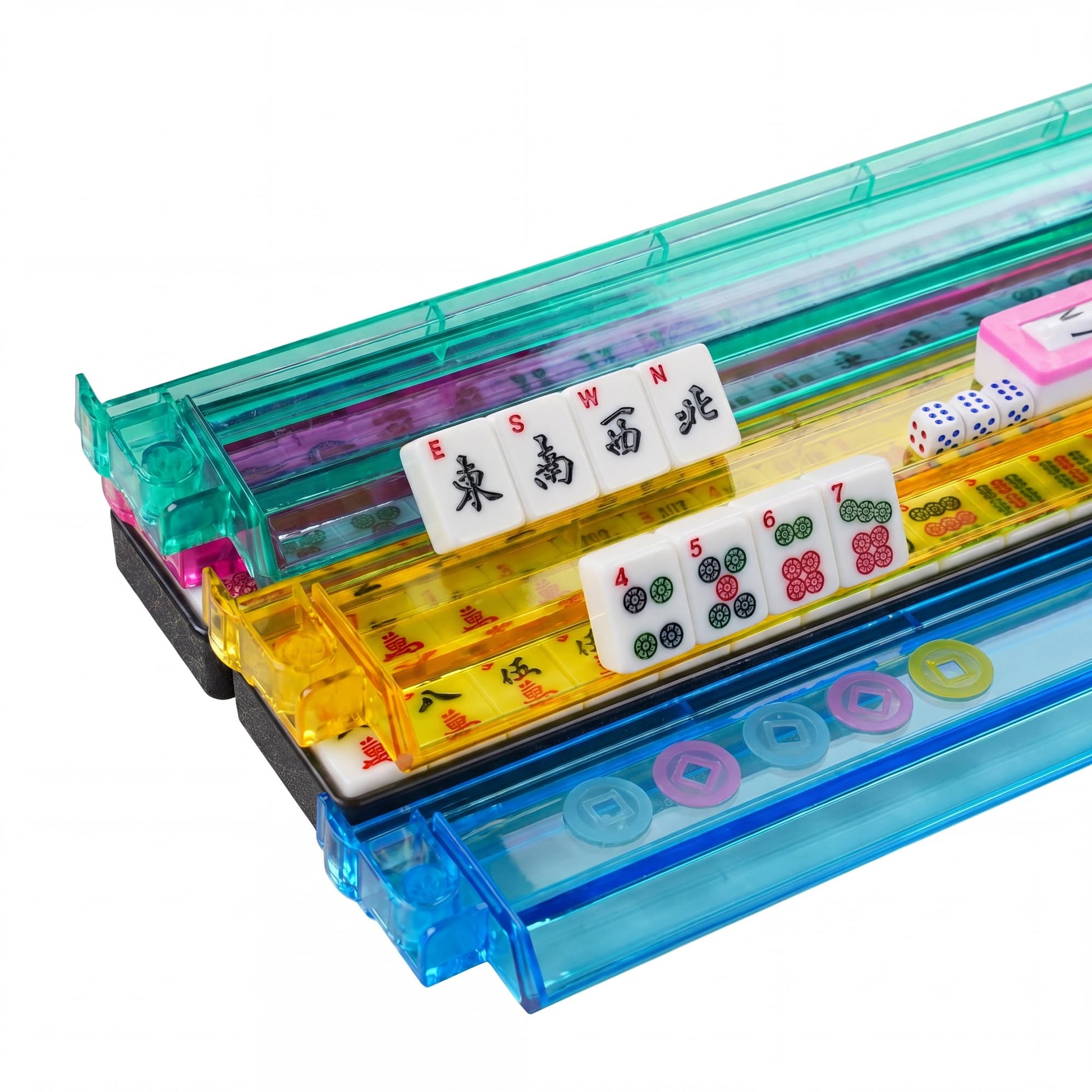 WonderTopia American Mahjong Set with Beige Navy Carrying Bag, 166 White Tiles, 4 All-in-One Color Racks and Pushers, Mahjong Tiles Set for Family