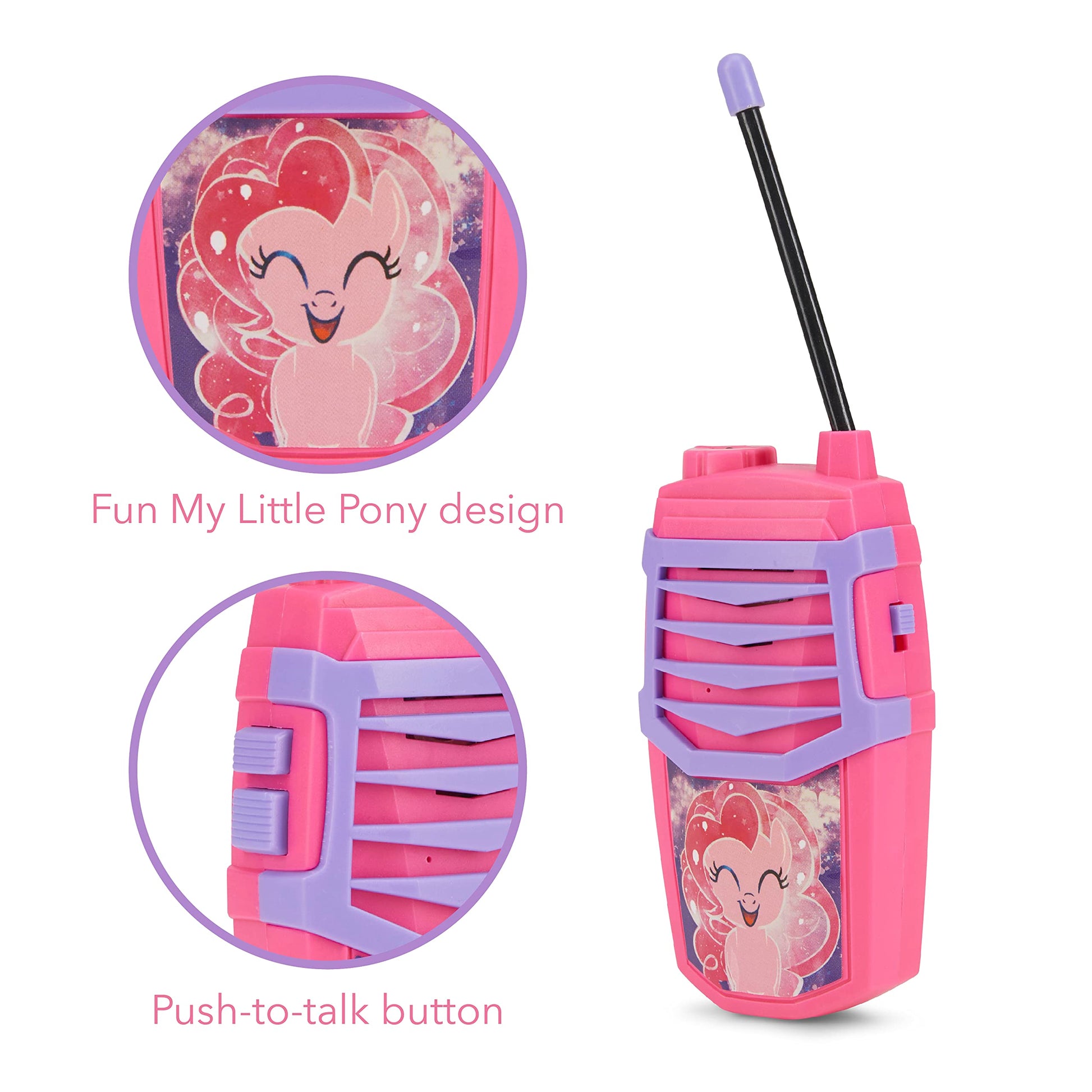 Sakar My Little Pony Molded Walkie Talkie for Kids, Safe and Flexible Antenna, Over 1000ft Range, Easy-to-Use Power Switch, Belt Clip, Pack of 2