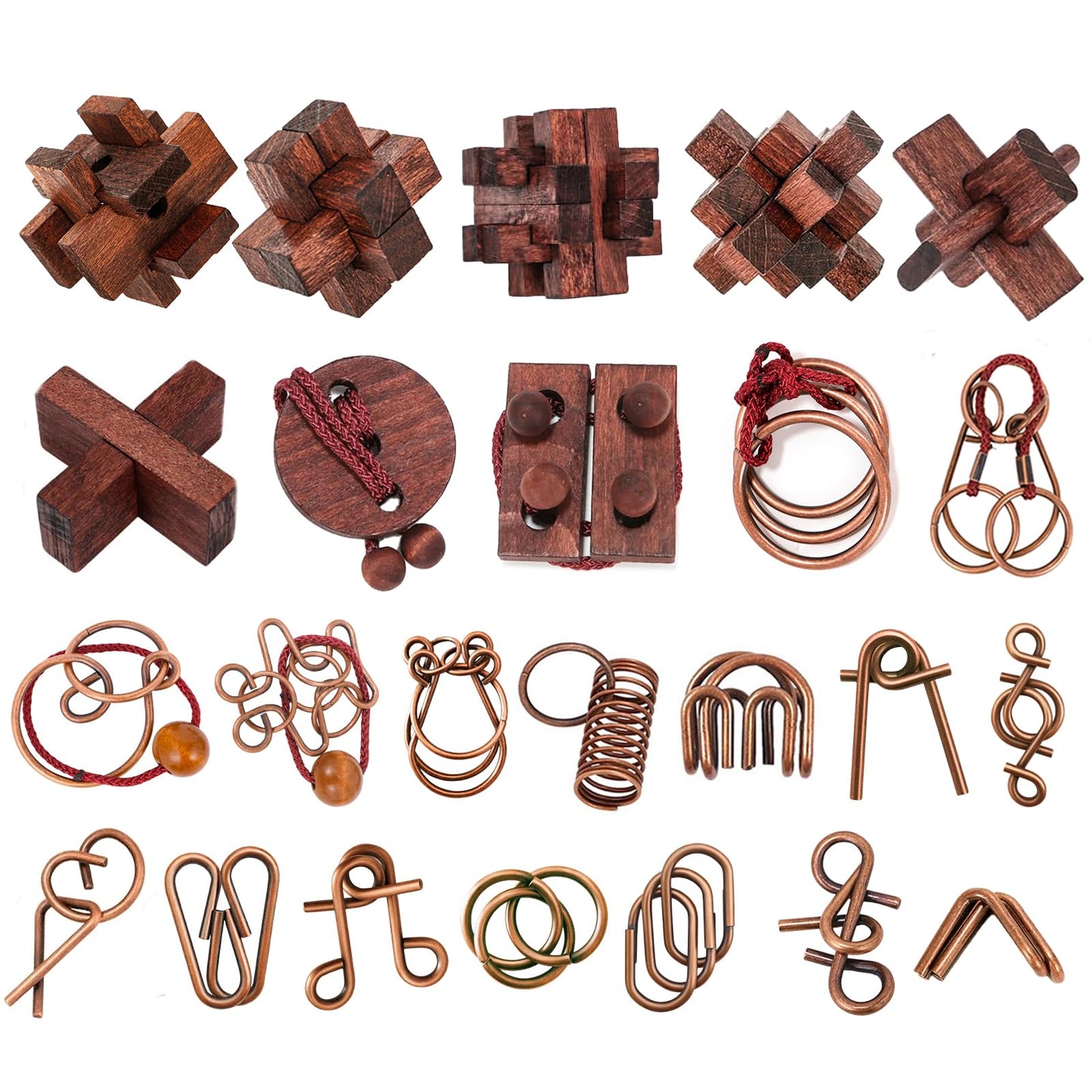 24 Pcs Brain Teaser Puzzles for Adults - Metal & Wooden 3D IQ Test Logic Game, Unlock Interlocking Brain Puzzle Toys for Teens Kids, Smart Educational