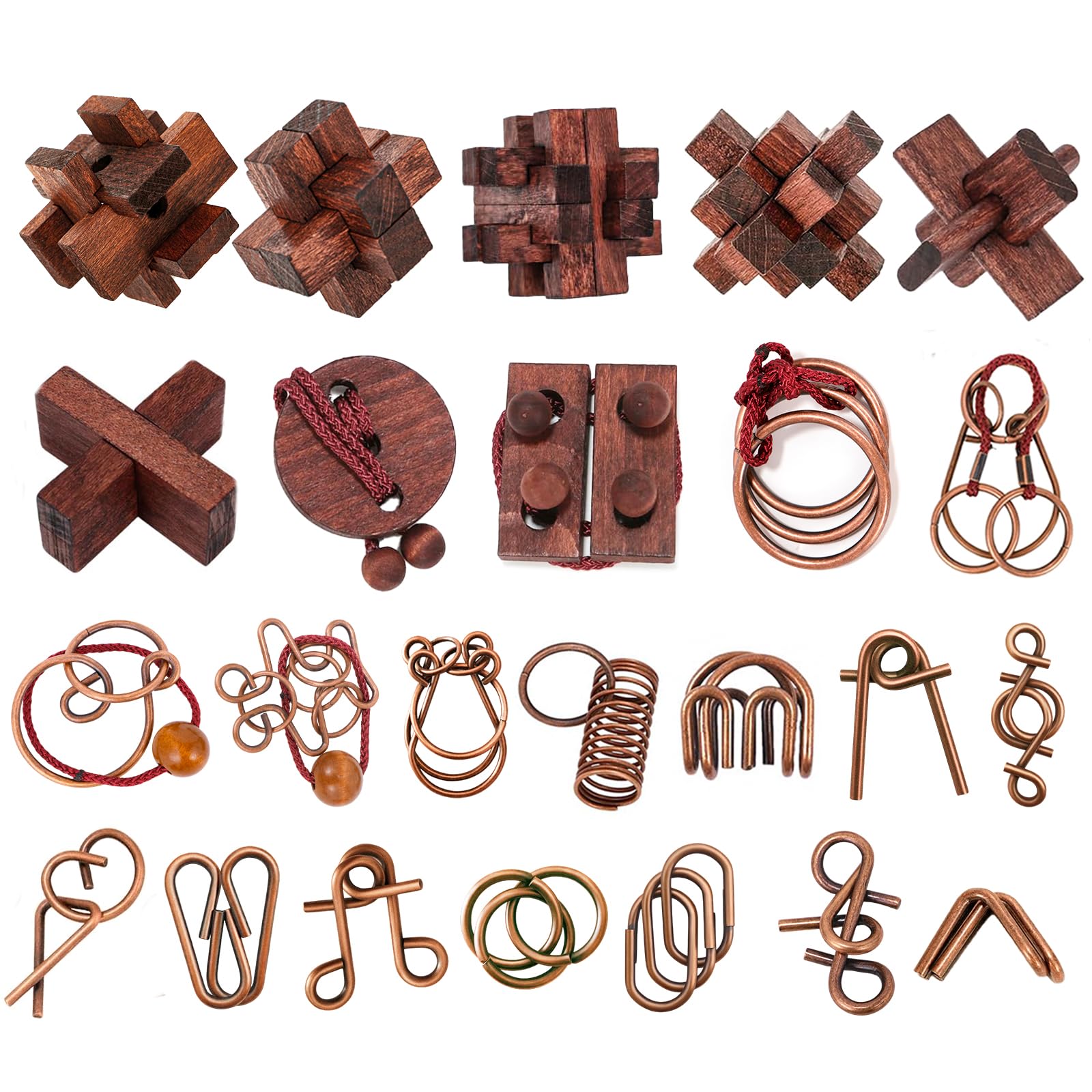 24 Pcs Brain Teaser Puzzles for Adults - Metal & Wooden 3D IQ Test Logic Game, Unlock Interlocking Brain Puzzle Toys for Teens Kids, Smart Educational