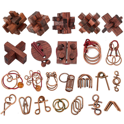 24 Pcs Brain Teaser Puzzles for Adults - Metal & Wooden 3D IQ Test Logic Game, Unlock Interlocking Brain Puzzle Toys for Teens Kids, Smart Educational