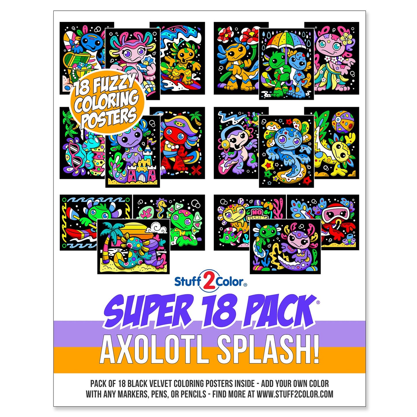 Stuff2Color Axolotl Splash! Fuzzy Velvet Coloring Posters - Super Pack of 18 Cute Axolotl & Ocean Animal Coloring Pages for Kids | Arts & Crafts