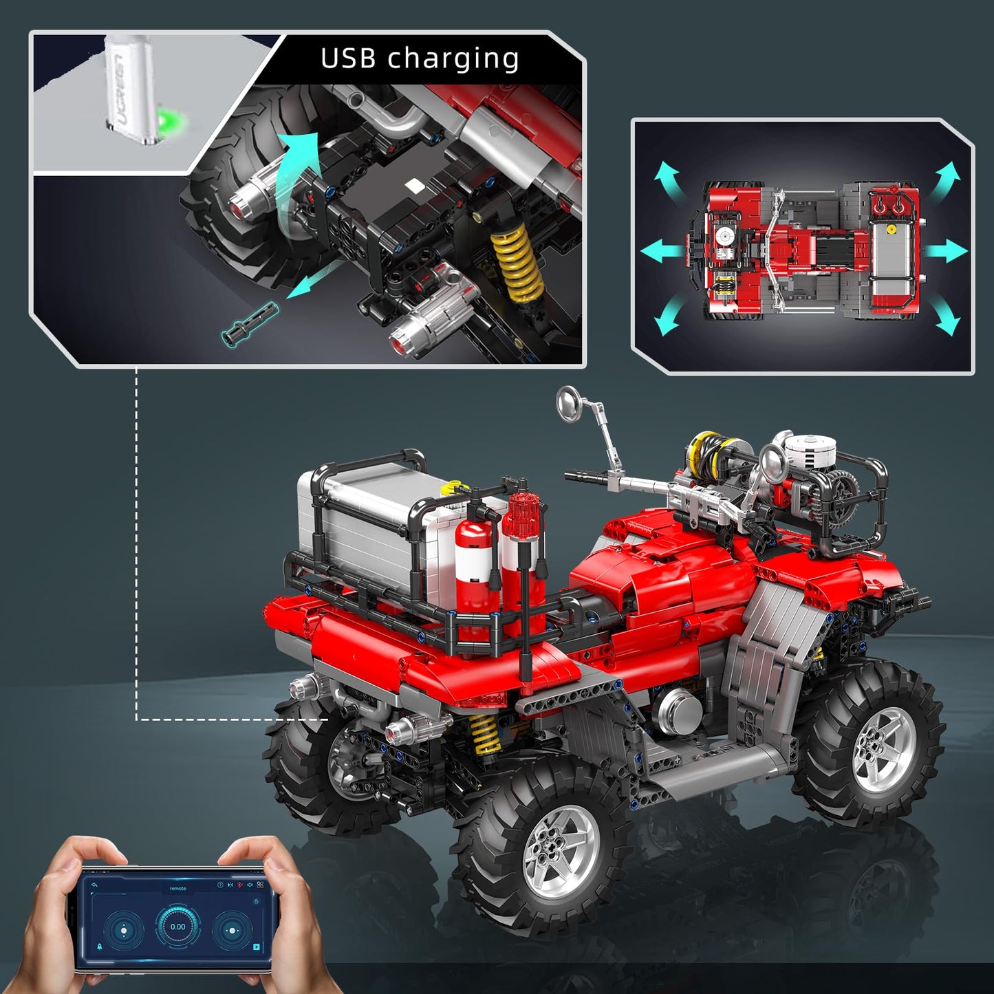 Mould King Fire Truck ATV Building Set, 2100+ Pcs RC/APP Control All-Terrain Vehicle Building Blocks Kits That Run with Equipment Model, Collectible
