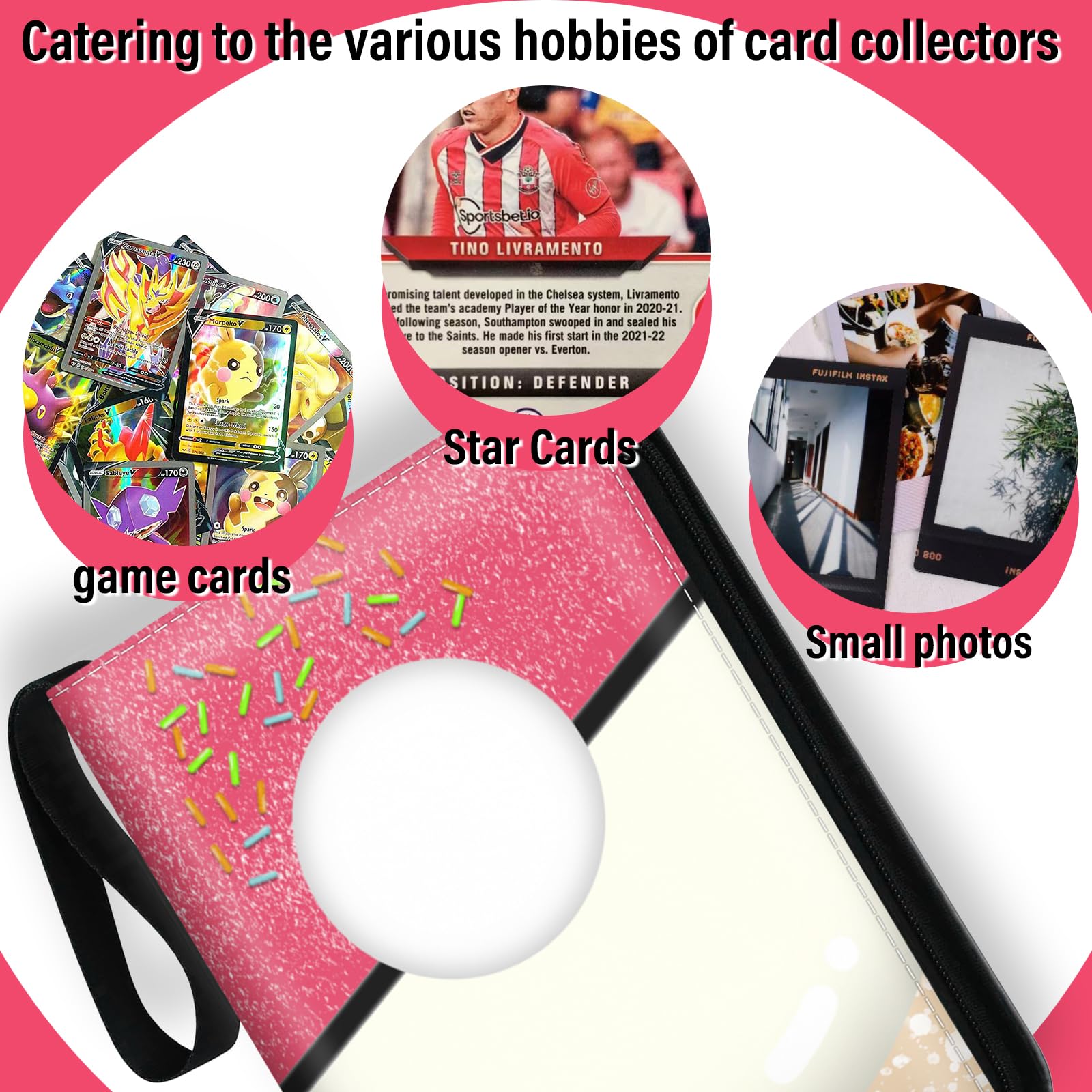 FiroGltter Card Binder Donuts Trading Card Binder Pink Card Holder 4 Pocket Zipper Binder for Collection Card Sports Cards Football Play Cards Storage