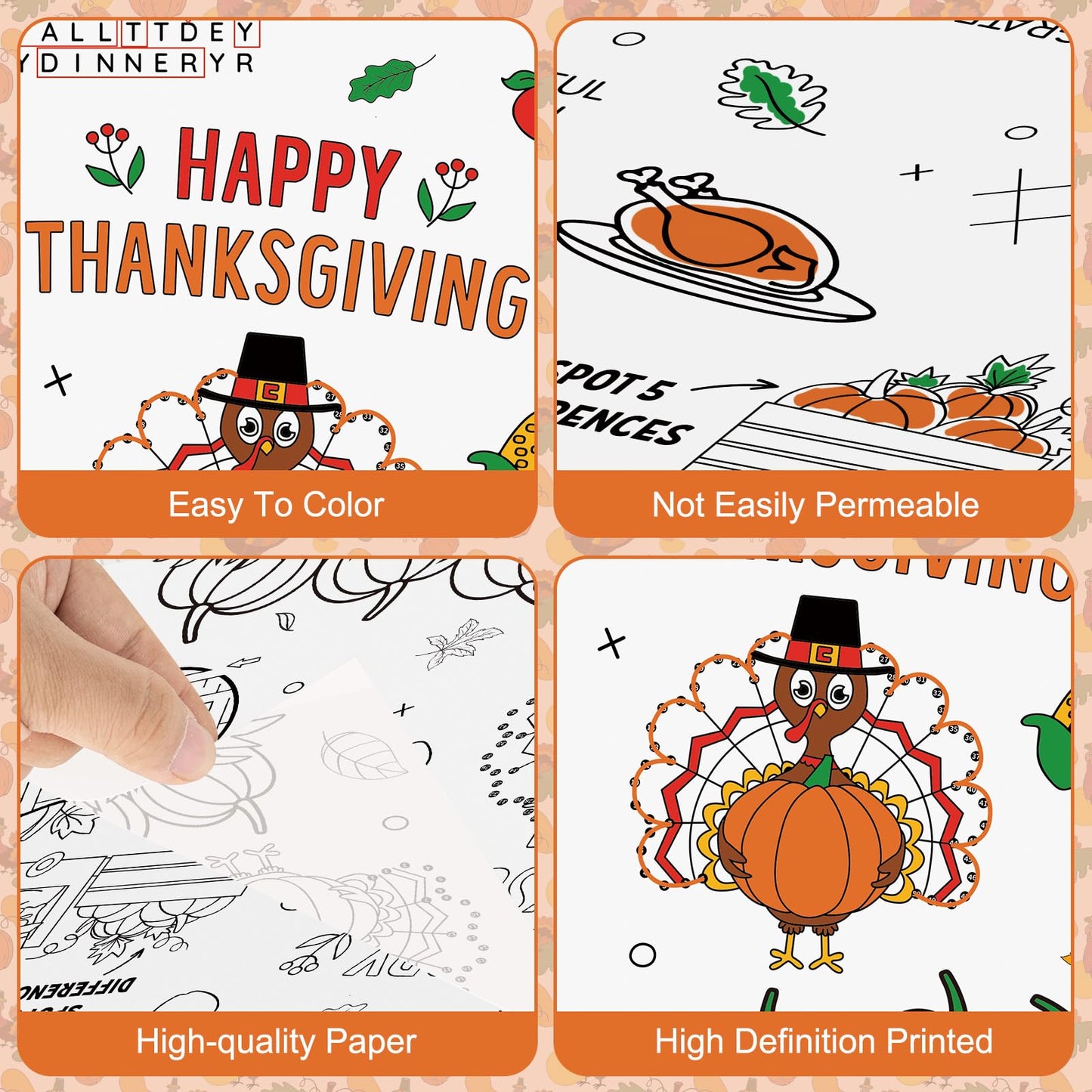 Happy Thanksgiving Coloring Tablecloth for Kids-Giant Thanksgiving Paper Activity Table Cover, Jumbo Fall Turkey Coloring Games Poster Crafts