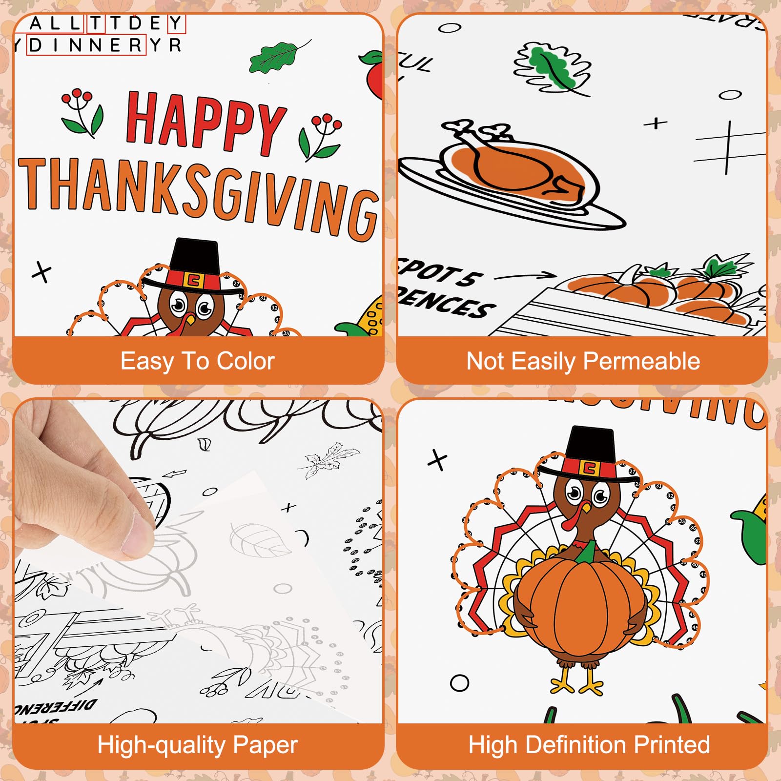 Happy Thanksgiving Coloring Tablecloth for Kids-Giant Thanksgiving Paper Activity Table Cover, Jumbo Fall Turkey Coloring Games Poster Crafts