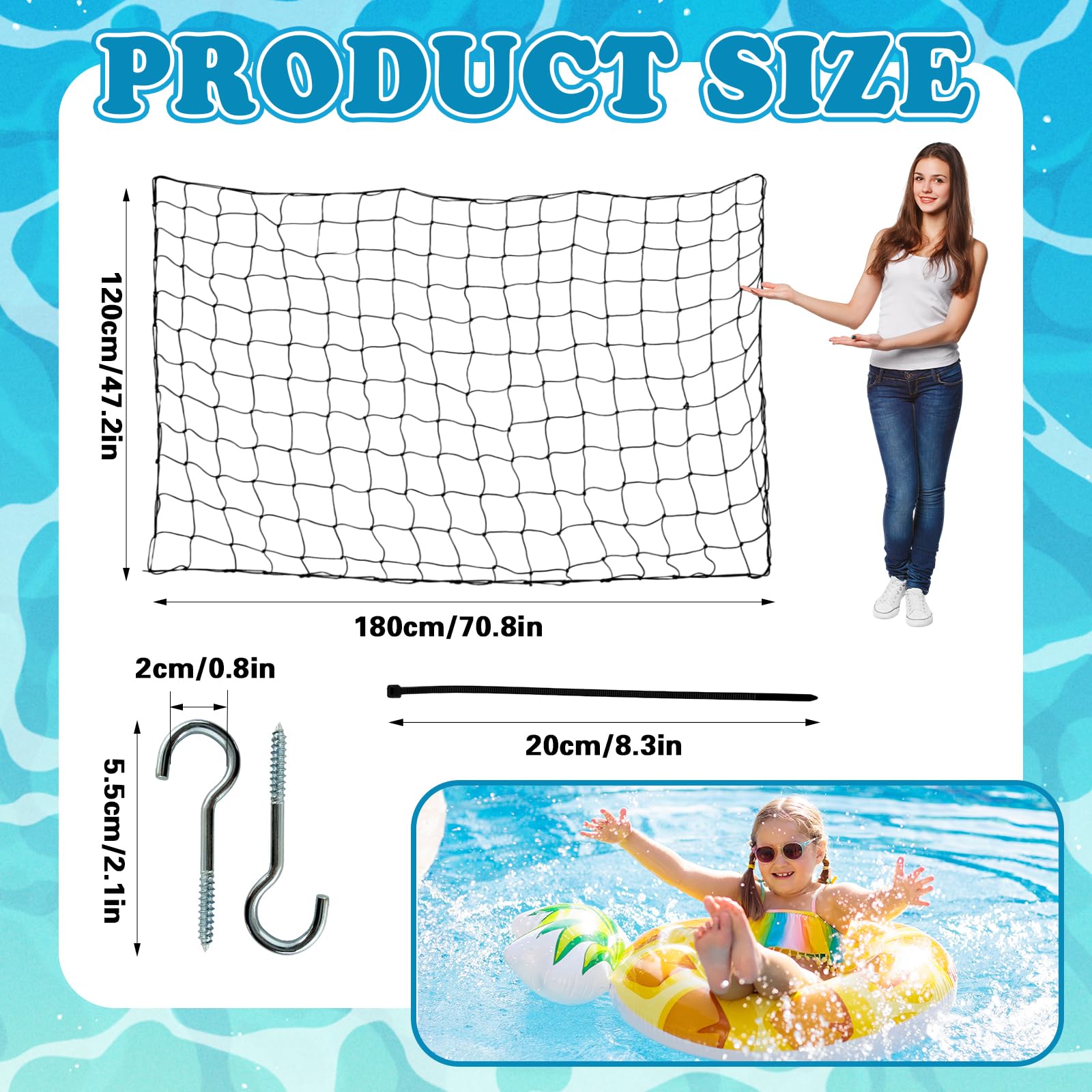 71 x 47 in Large Pool Toy Float Storage Net with 20 Hooks and 20 Cable Ties