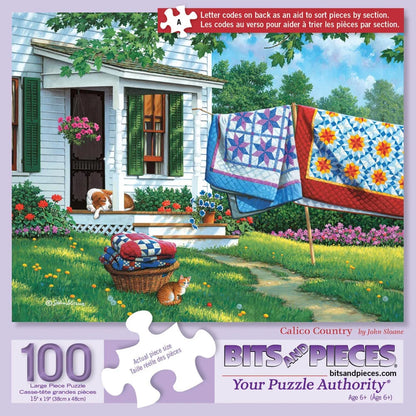 Bits and Pieces 100 Piece Puzzles for Adults - Calico Country - 100 Extra Large Pieces 15" x 19" Jigsaw Puzzles, Quilts Farm Spring, No 2 Pieces Alike