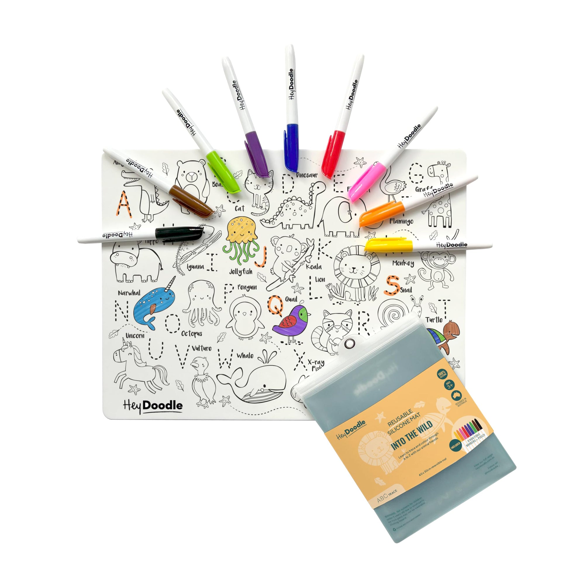 HeyDoodle Into The Wild Classic Doodle Mat - Reusable Silicone Alphabet Coloring Mat for Toddlers and Kids - Educational Animal Activity Pad with 9