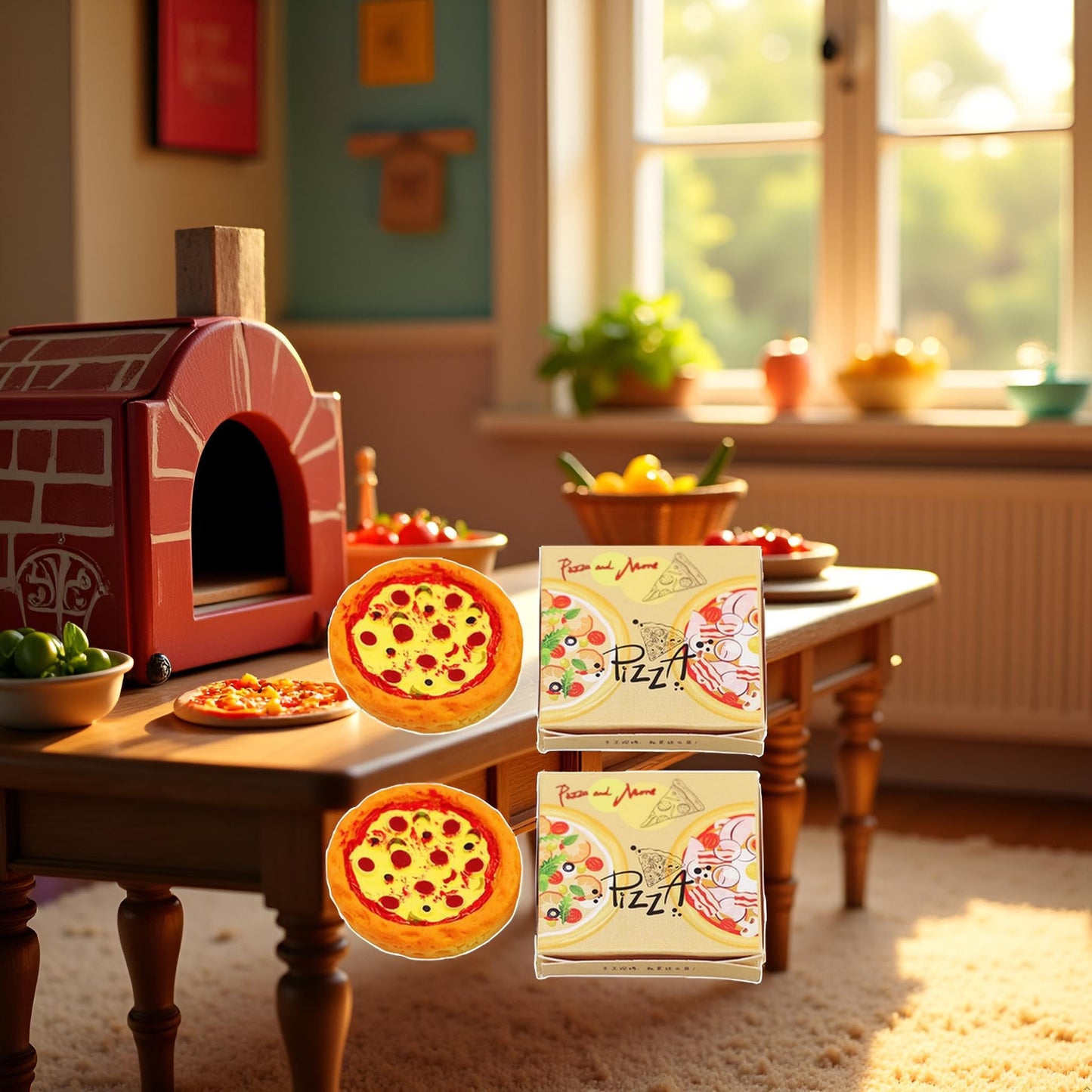2 Set Miniature Pizza Box, 1:6 & 1:12 Scale Realistic Dollhouse Food Model Set, Yellow Resin Doll House Furniture Supplies for Pretend Play Kitchen