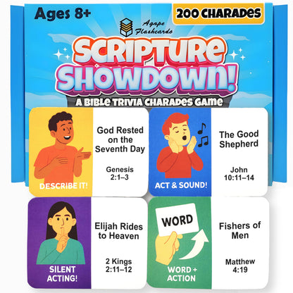 Bible Trivia Charades Game, Scripture Showdown for Families, Teens, Adults, 200 Challenge Cards, Faith Based Party Activity, Christian Game Night