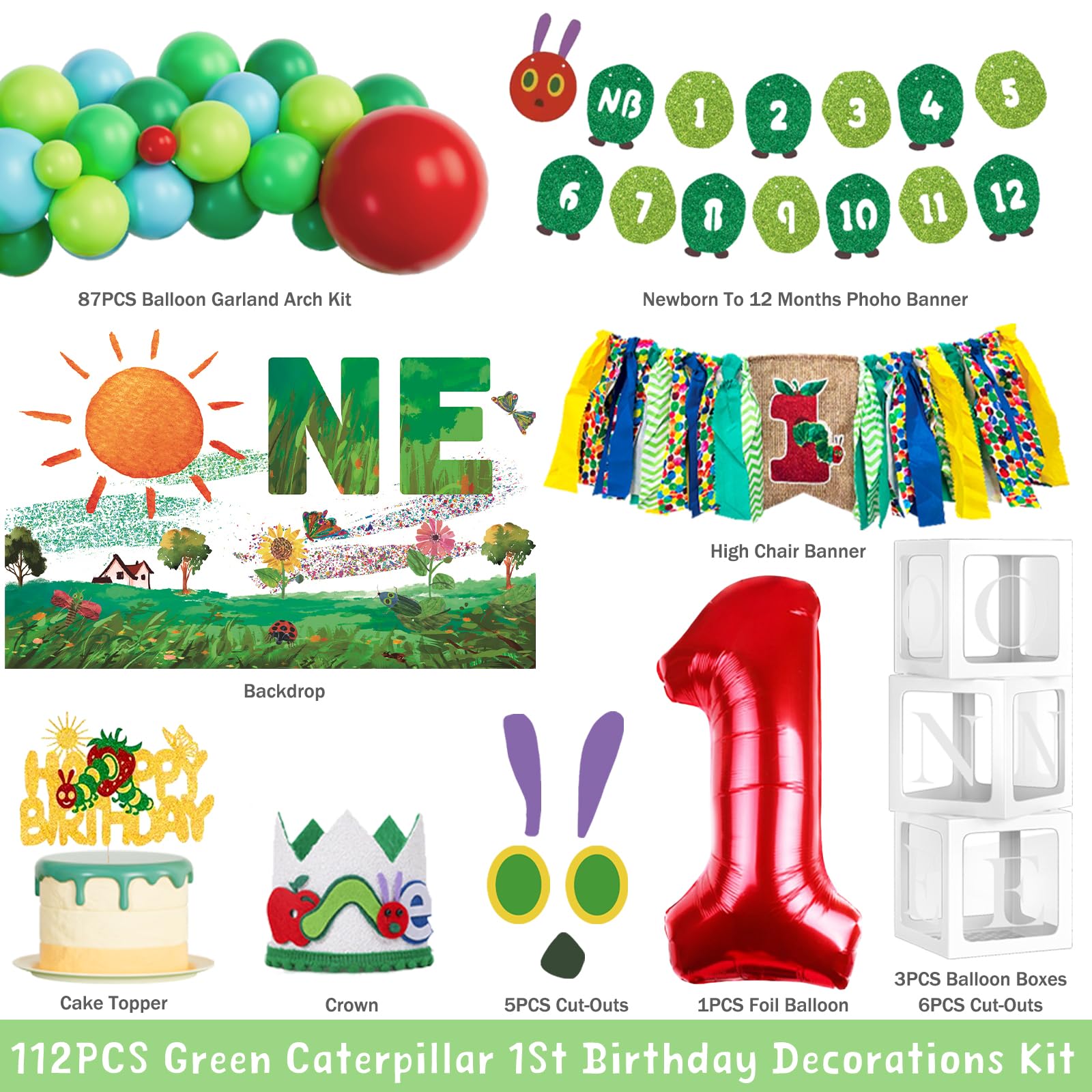 Homond Green Caterpillar 1st Birthday Decorations, Fruit Theme Decorations - Backdrop Number One Balloon Highchair Banner Box Crown, Very Cartoon
