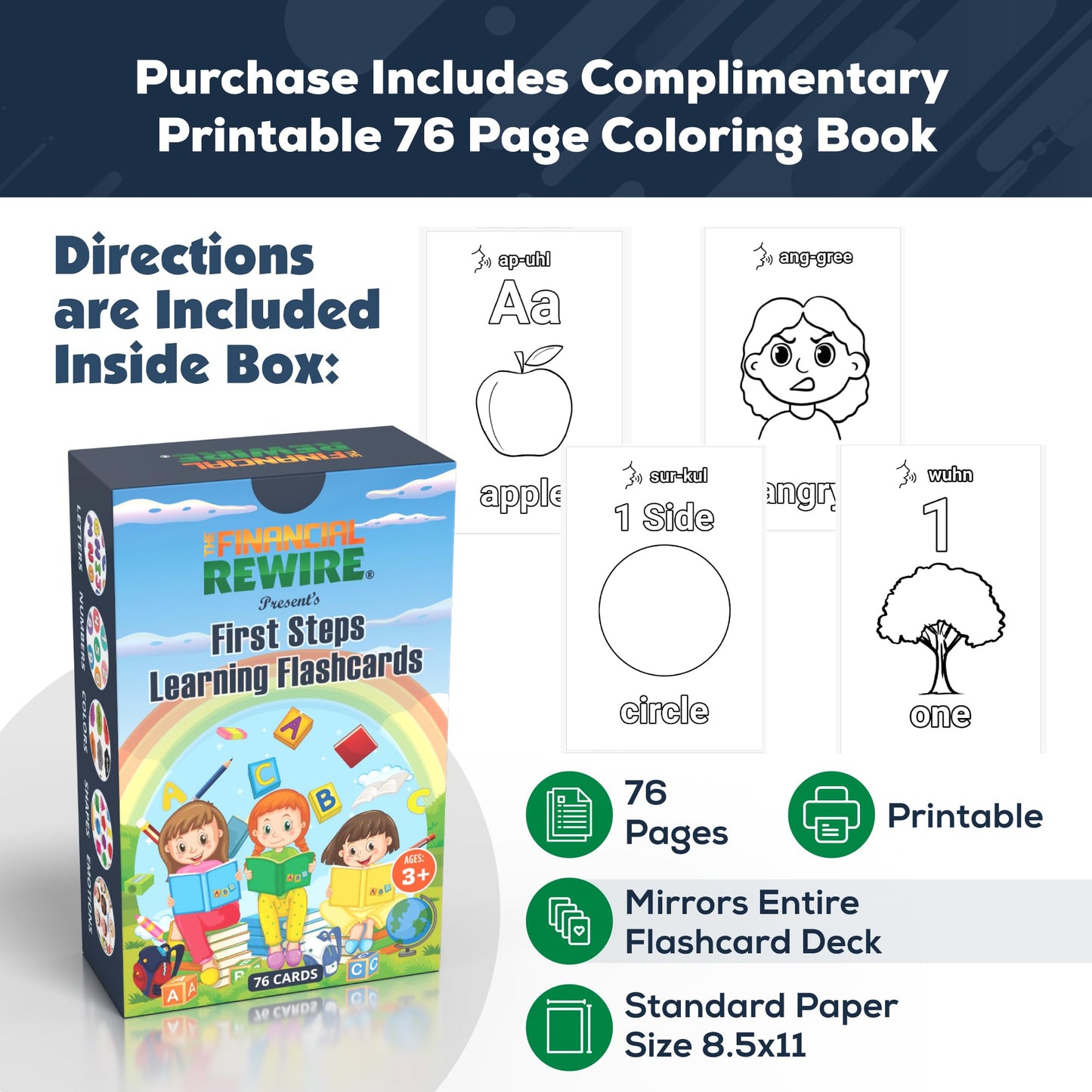 First Steps Learning Flashcards - 76 Cards for Toddlers & Kids - Letters, Numbers, Colors, Shapes & Emotions - Early Learning Tool for Ages 3+