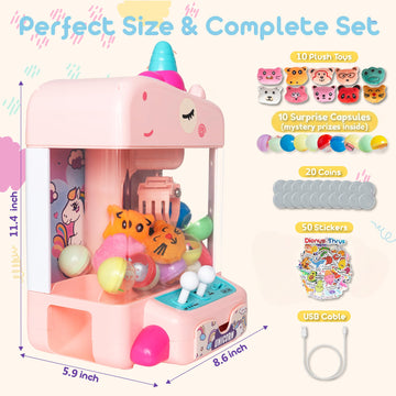 Claw Machine for Kids with 10 Plush Toys, 10 Surprise Eggs & 50 Stickers - Mini Arcade Claw Game with Silent Mode, LED Lights, USB or Battery Powered