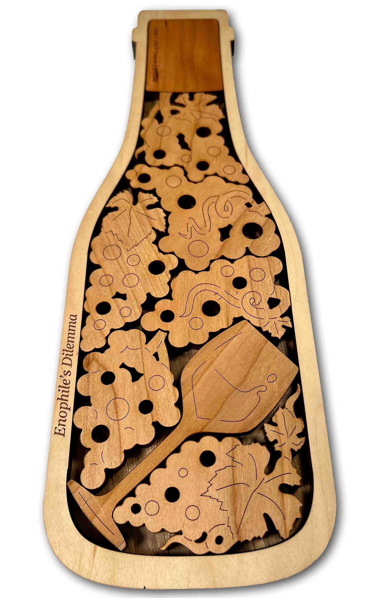Enophile's Challenge or Bottle of Fine Wine Wood Brain Teaser Puzzle - Cherry Wood