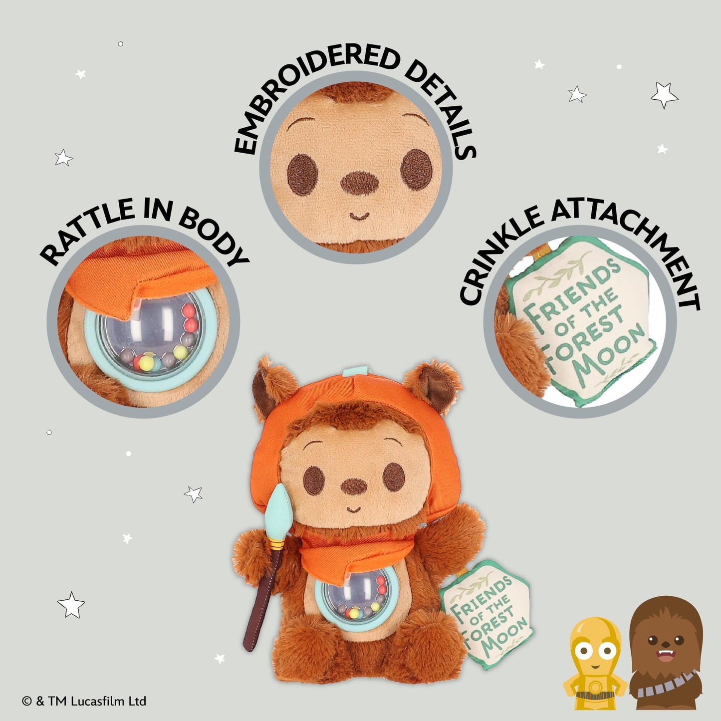Kids Preferred Star Wars Ewok On the Go Activity Toy - with Colorful Rattle, Squeaker, Teether, Travel Clip, Soft Sensory Toy, for Ages 0+