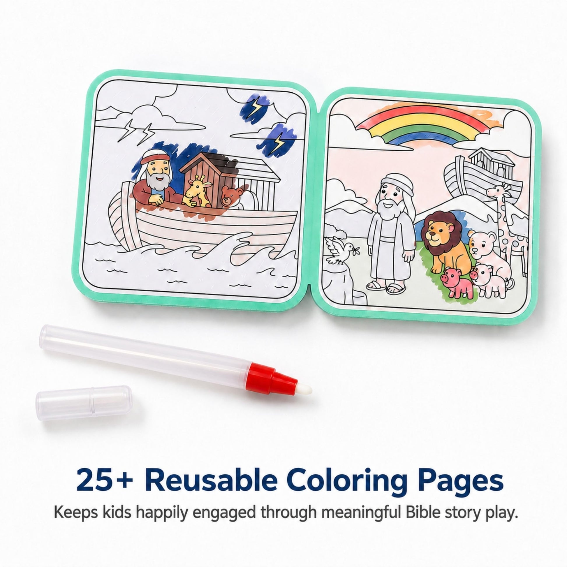 Reusable Bible Story Water Reveal Coloring Book Set for Kids (3 Books, 3 Water Pens) - Mess-Free Christian Activity Series with Noah’s Ark, Jonah