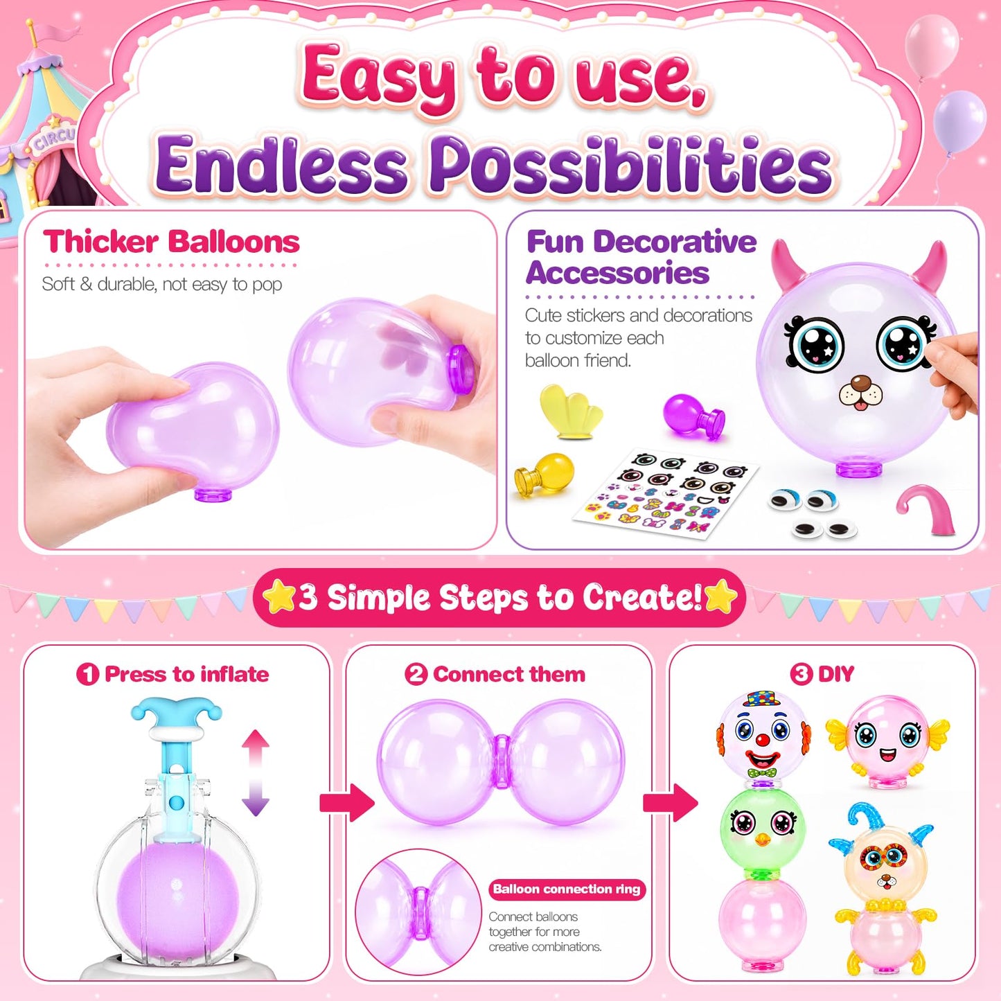 Motivekit Circus Balloon Craft Kit - DIY Sticky Balloon Animal Set with Pump, Funny Inflator for Kids, 3D Stickers, Bouncy Balloons & Accessories