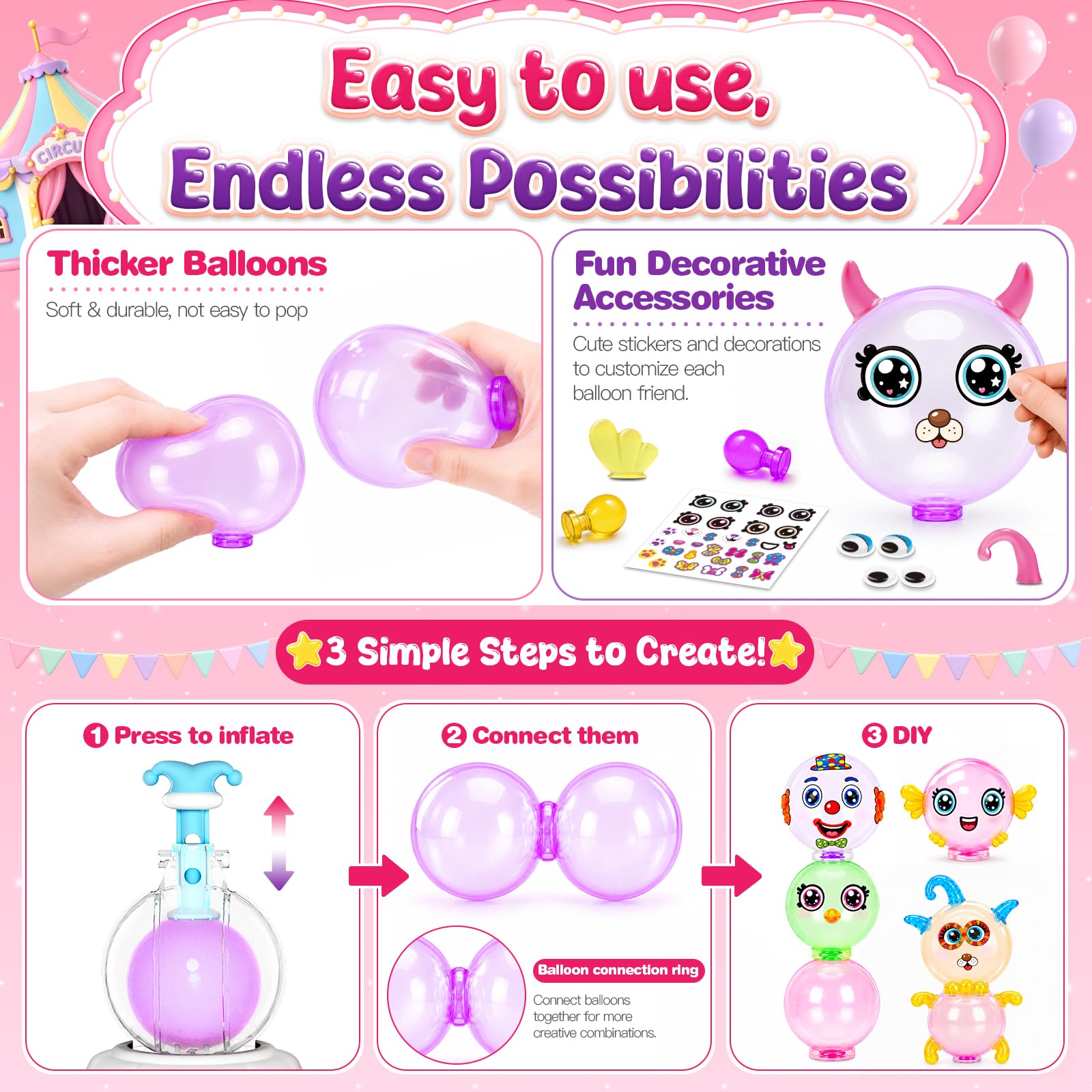 Motivekit Circus Balloon Craft Kit - DIY Sticky Balloon Animal Set with Pump, Funny Inflator for Kids, 3D Stickers, Bouncy Balloons & Accessories