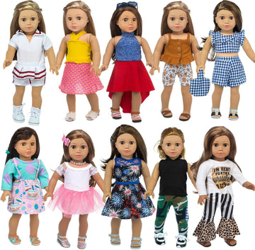 XFEYUE 22 Pcs American 18 inch Doll Clothes Gifts and Accessories, Fit 18 inch Doll - Including 10 Sets of Various Styles Doll Clothes, Hair Clips
