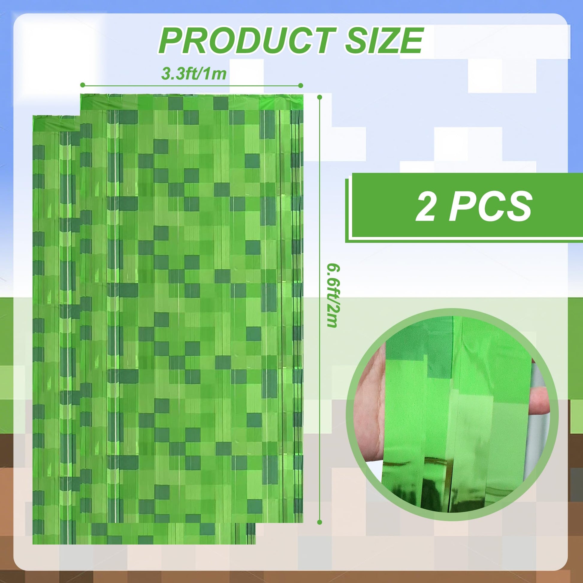 Green Pixel Miner Foil Fringe Curtains - 2 Pack 3.3x6.6ft Metallic Video Game Birthday Photo Booth Backdrop, Door Streamers for Gamer Party