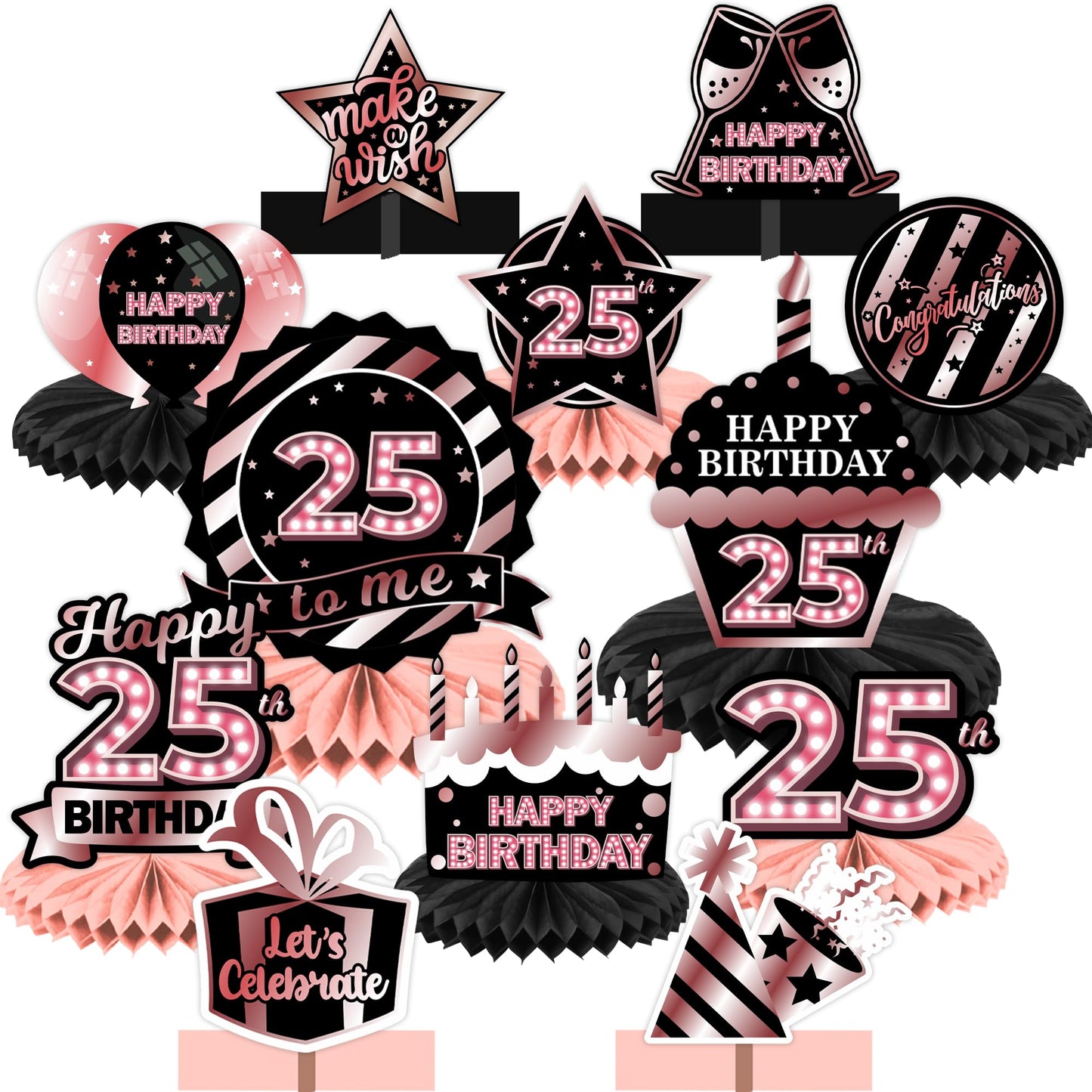 Happy 25th Birthday Rose Gold and Black Table Honeycomb Centerpieces Balloons Theme Decor Table Decorations Table Toppers for Girls Women Princess 25