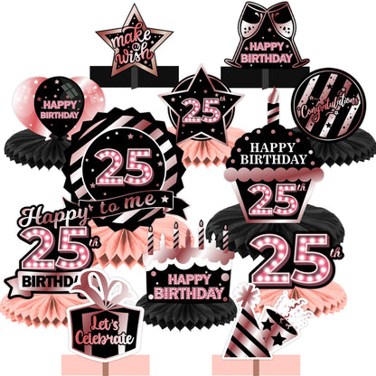 Happy 25th Birthday Rose Gold and Black Table Honeycomb Centerpieces Balloons Theme Decor Table Decorations Table Toppers for Girls Women Princess 25