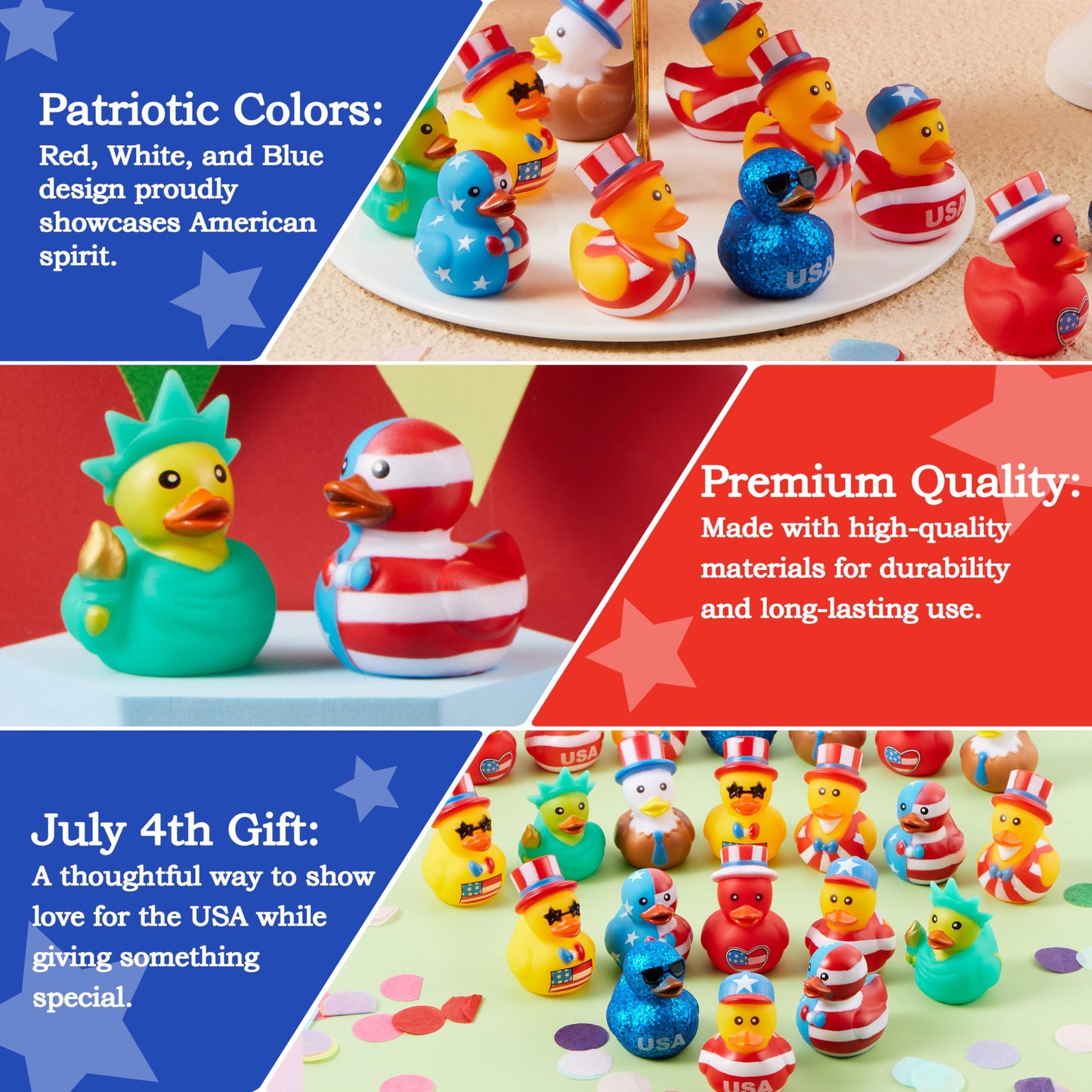 JOYIN 24 Pcs Patriotic Rubber Ducks, Red White Blue 4th of July Bulk Ducks with 8 Designs, Independence Day Duck with Flag Prints, Patriotic Party