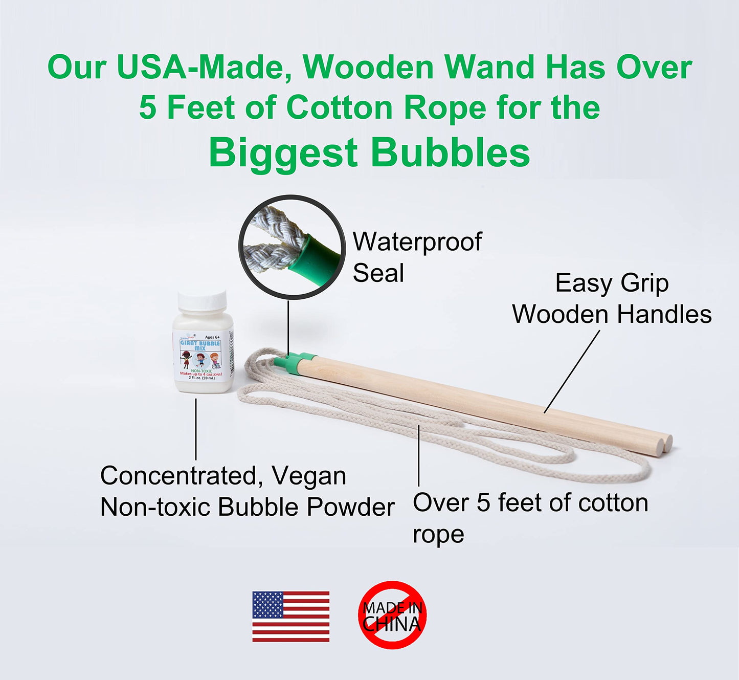 Bubbleventi Giant Bubble Kit | Made in USA | Includes 2 Wooden Wands, a Tips and Tricks Booklet, and 1 Bubble Mix - Makes 4 Gallons of Big Bubble