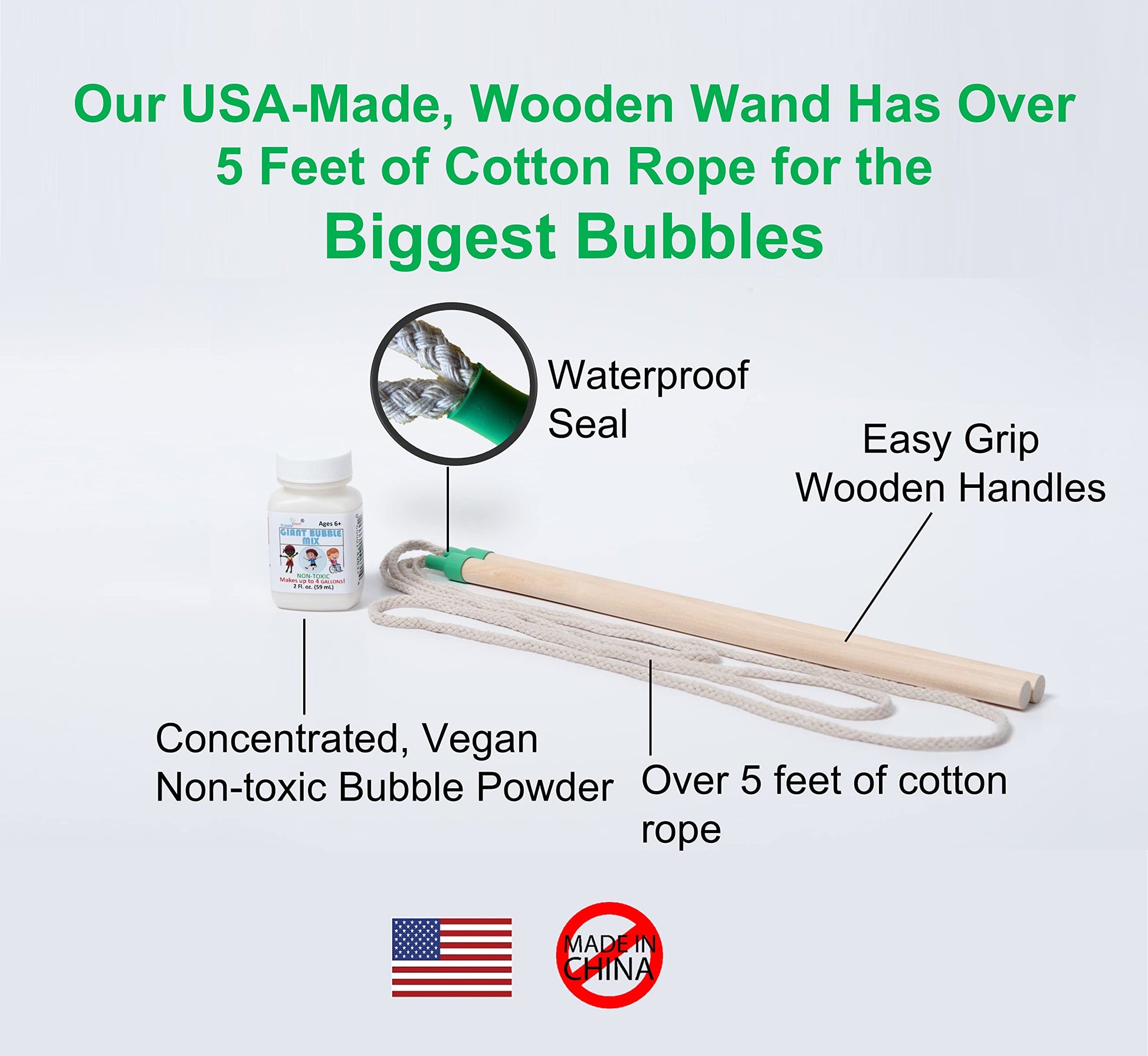 Bubbleventi Giant Bubble Kit | Made in USA | Includes 2 Wooden Wands, a Tips and Tricks Booklet, and 1 Bubble Mix - Makes 4 Gallons of Big Bubble