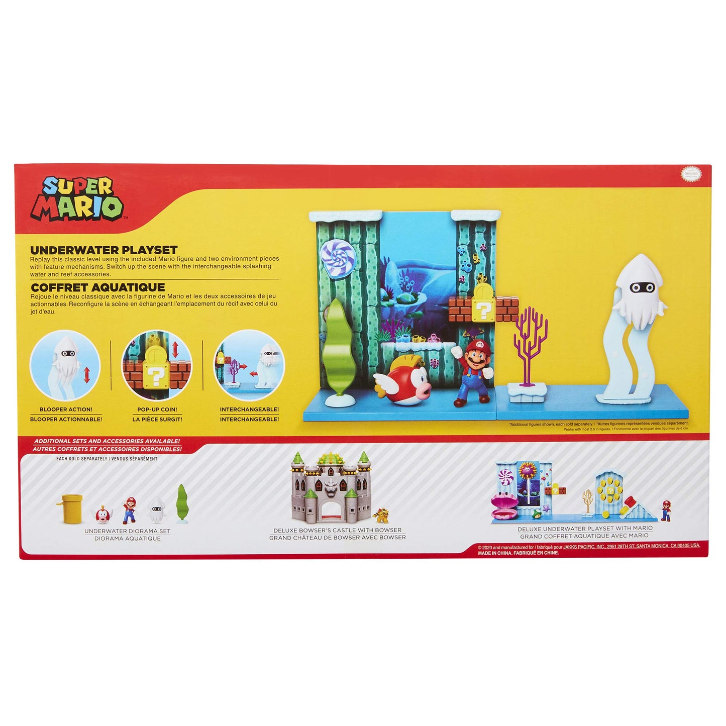 Super Mario Underwater Playset with Interactive Enviromentpiece, 2.5" Articulated Mario Figure & Blooper Squid Figure - Collect & Create Your Mario