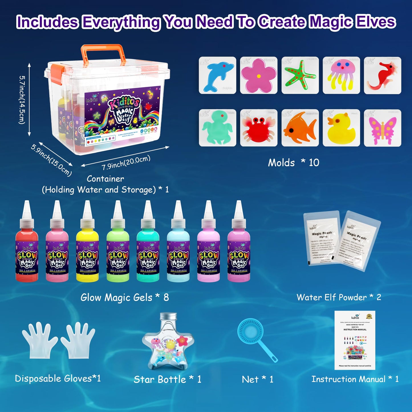Kiditos Magic Water Elf Toy Kit for Kids, Glow-in-the-Dark Water Elves Craft Kit-DIY Water Pets Craft Kit with 8 Glow Gels, 10 Molds & Star Bottle
