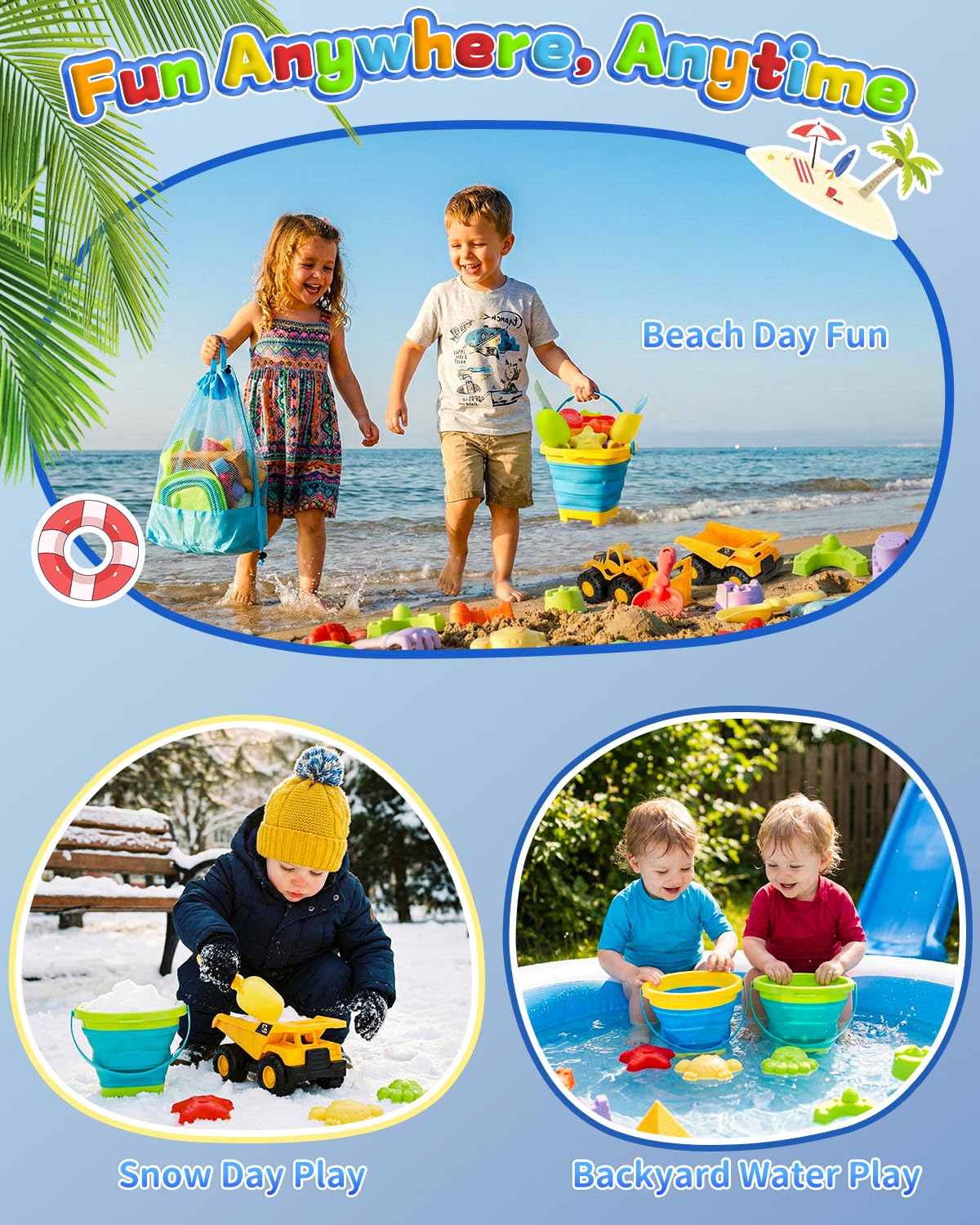 Fiderix 30PCS Beach Toys for Kids Ages 3-10 with 2 Collapsible Buckets