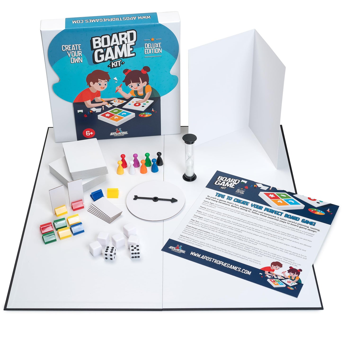 Create Your Own Board Game Set - DIY Kit with Blank Game Board, Game Pieces, Blank Cards, Dice, Spinner, Rulebook, Sand Timer - Build Your Own Game