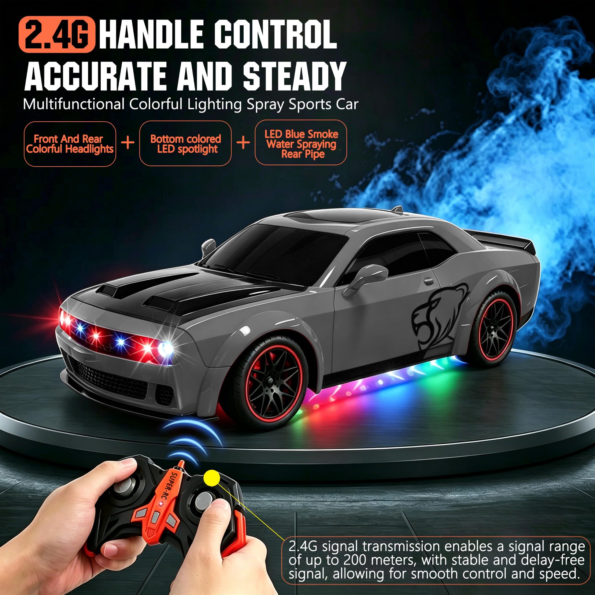 SYUUKH Remote Control Car 1:14 Scale RC Cars with Spray Effect, LED Lights & Realistic Sound, 2.4GHz Racing Toy with Controller, Christmas Birthday