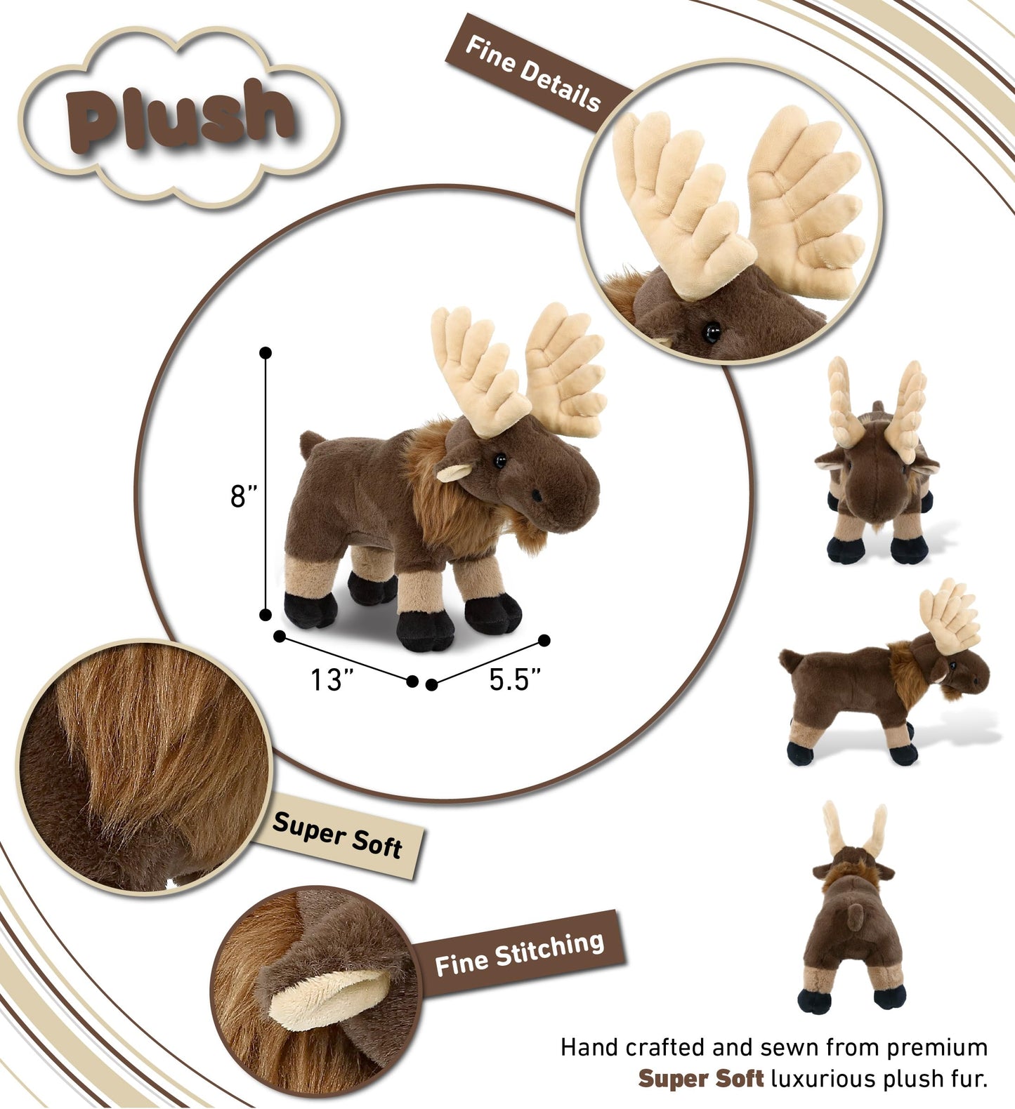 DolliBu Standing Moose Stuffed Animal - Soft Huggable Plush Toy, Adorable Playtime Cuddle Gift, Super Soft Moose Doll for Kids and Adults - 8 inches